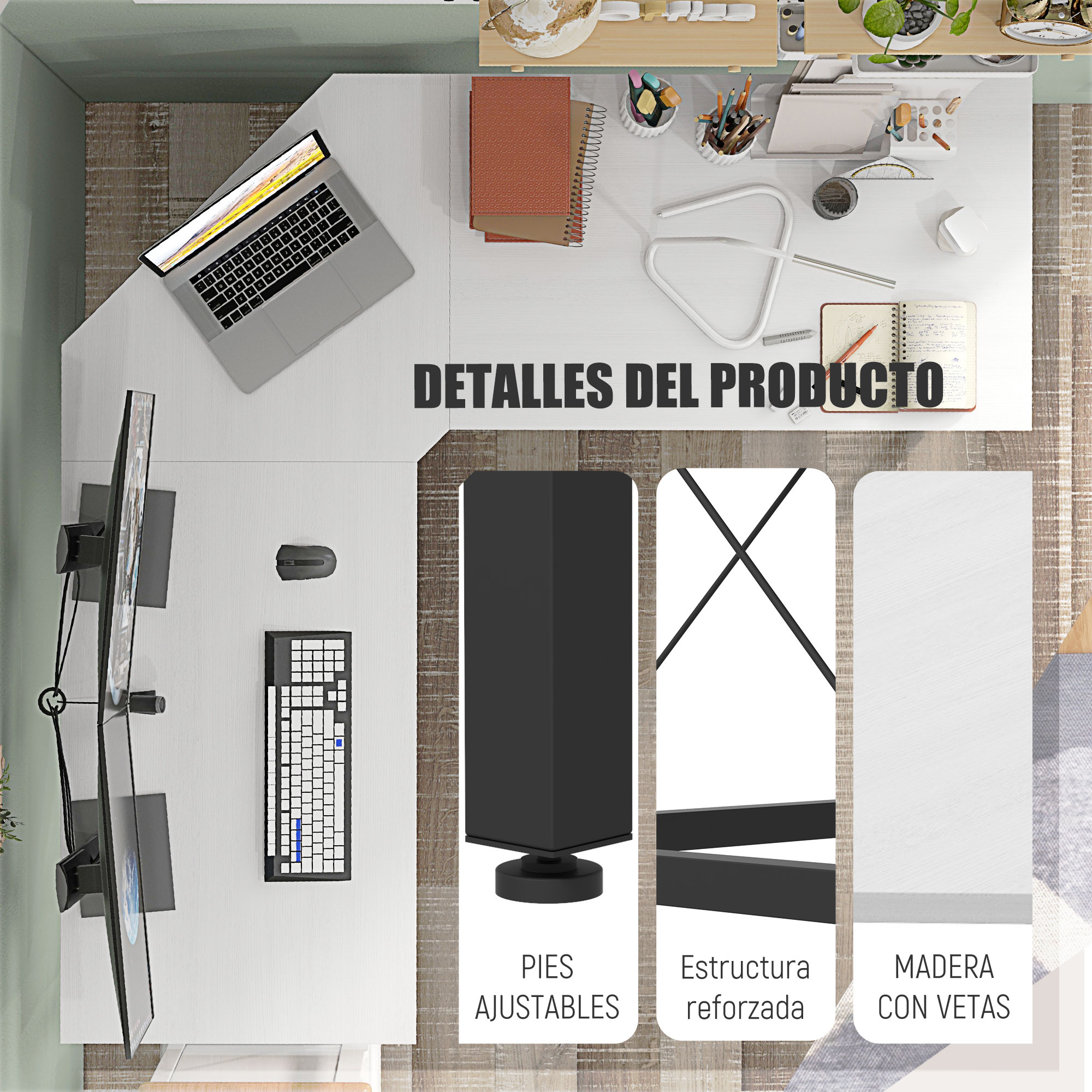Escritorio de oficina con portátil, teclado, ratón, monitores y detalles.