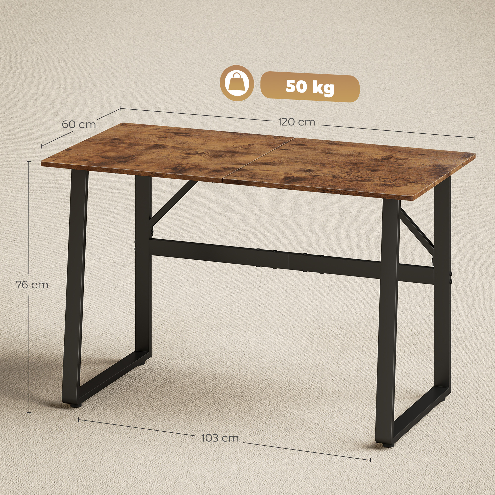Mesa de madera con patas de metal negro, 120x60x76cm, carga 50kg.