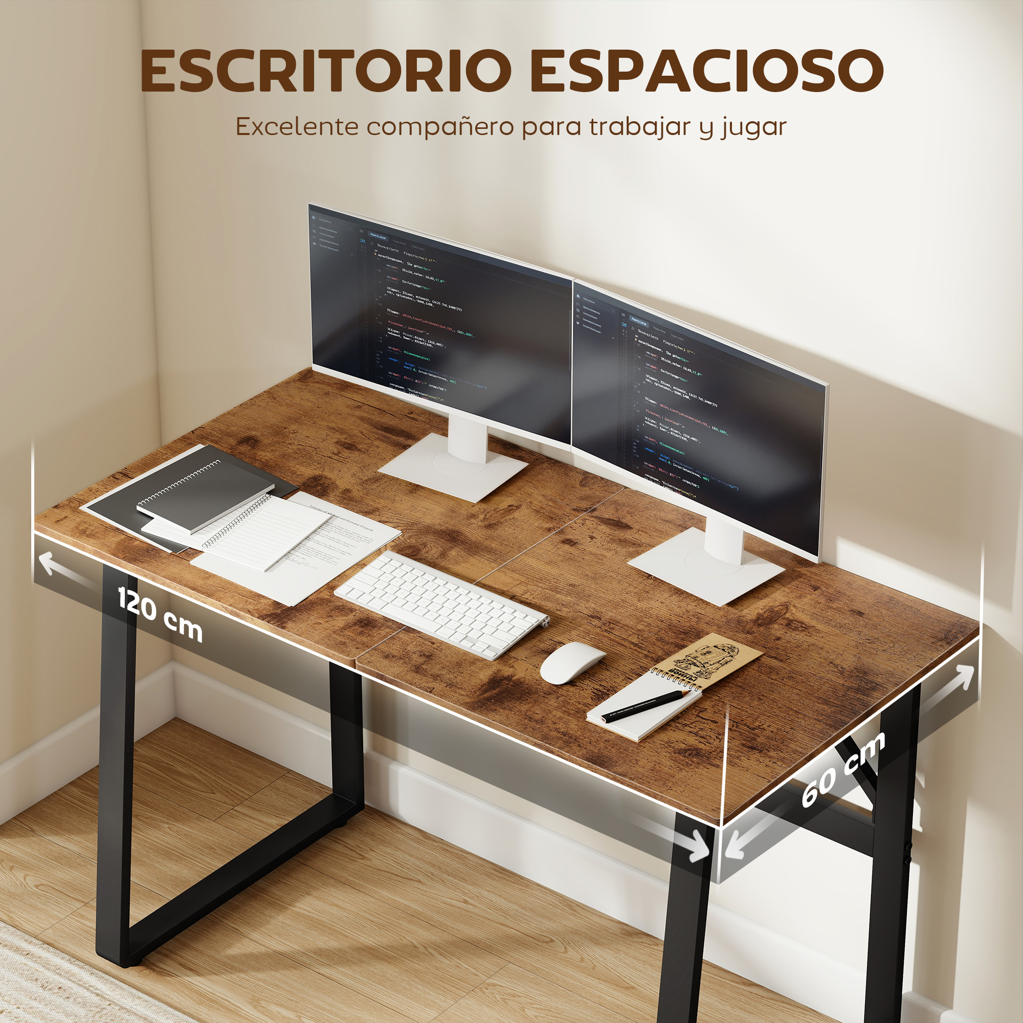 Un escritorio rústico con dos monitores, teclado, ratón y cuadernos. Dimensiones.