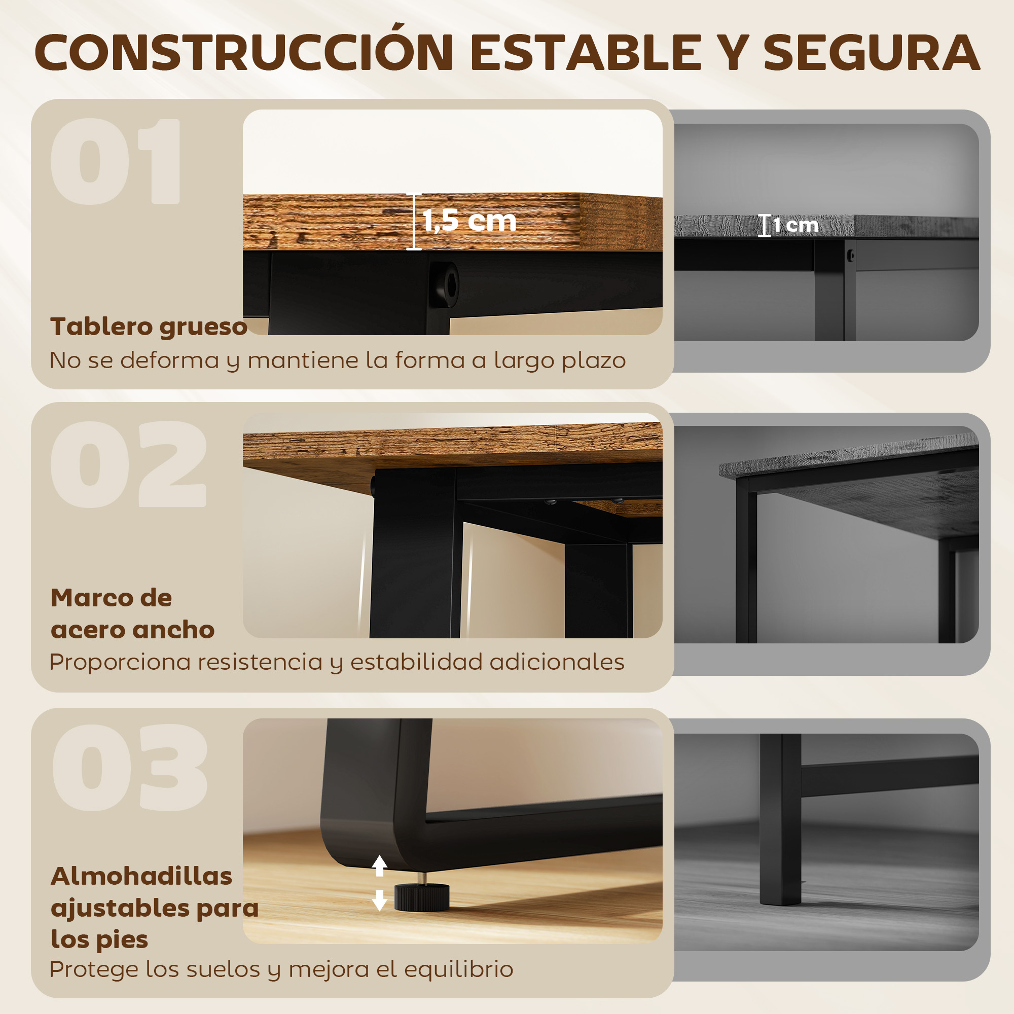 La construcción muestra un tablero grueso, marco de acero y pies ajustables.