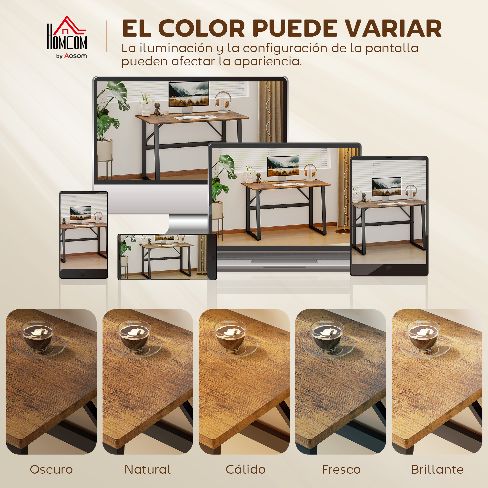 Varias pantallas muestran un escritorio con computadora. Abajo, cinco primeros planos de mesa con café.