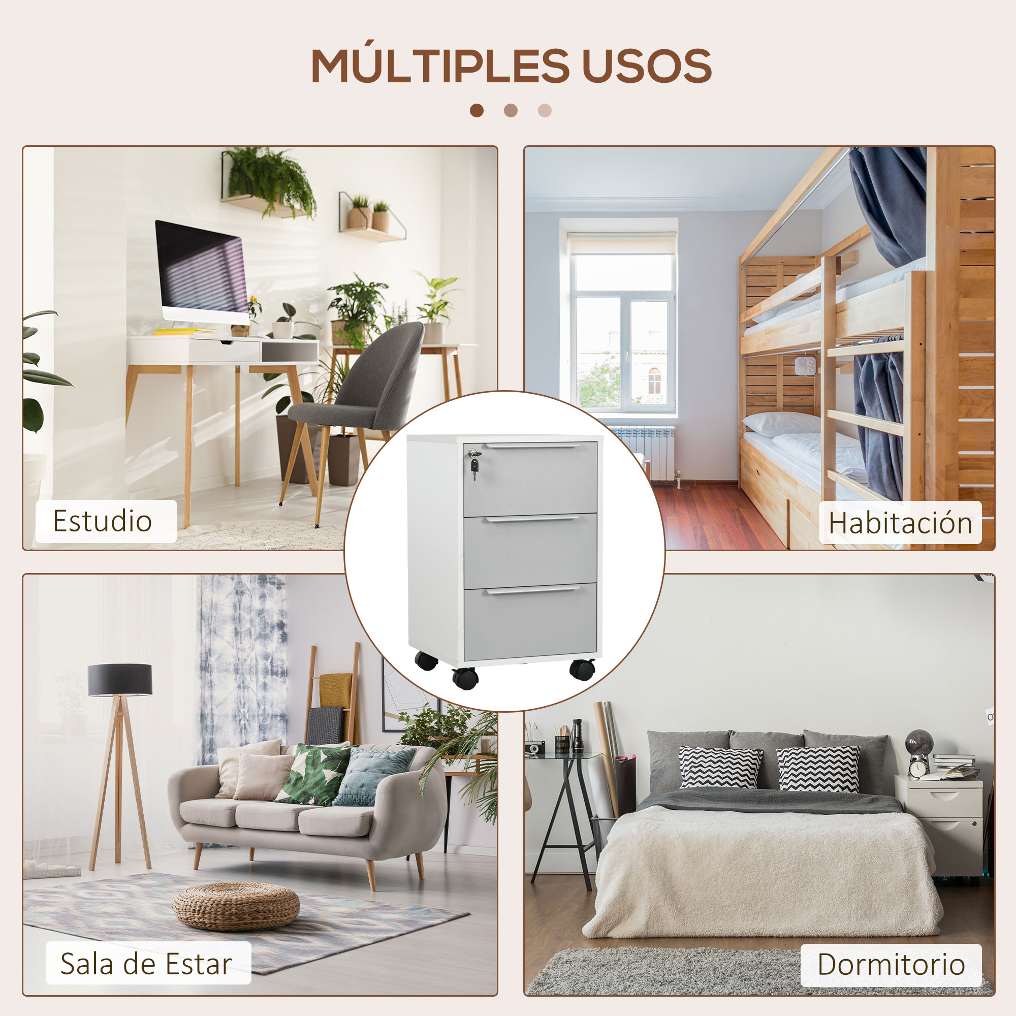 Cuatro escenas muestran muebles de oficina en diferentes habitaciones: estudio, dormitorio, sala, dormitorio.