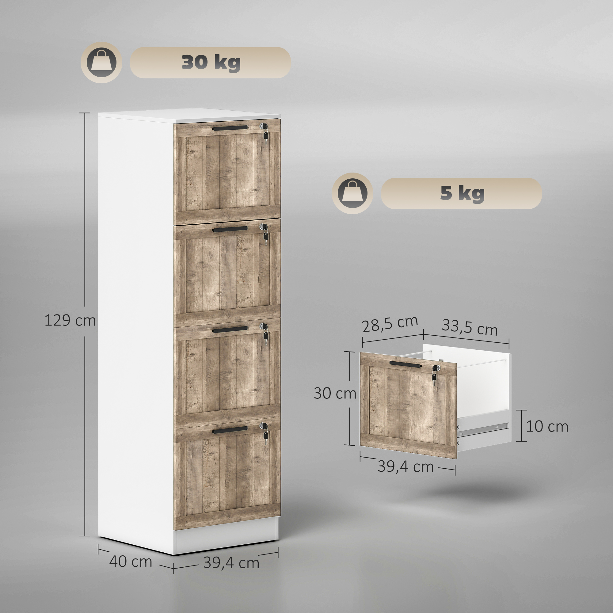 Un armario blanco con cuatro puertas de madera, medidas 129x40x39,4 cm.