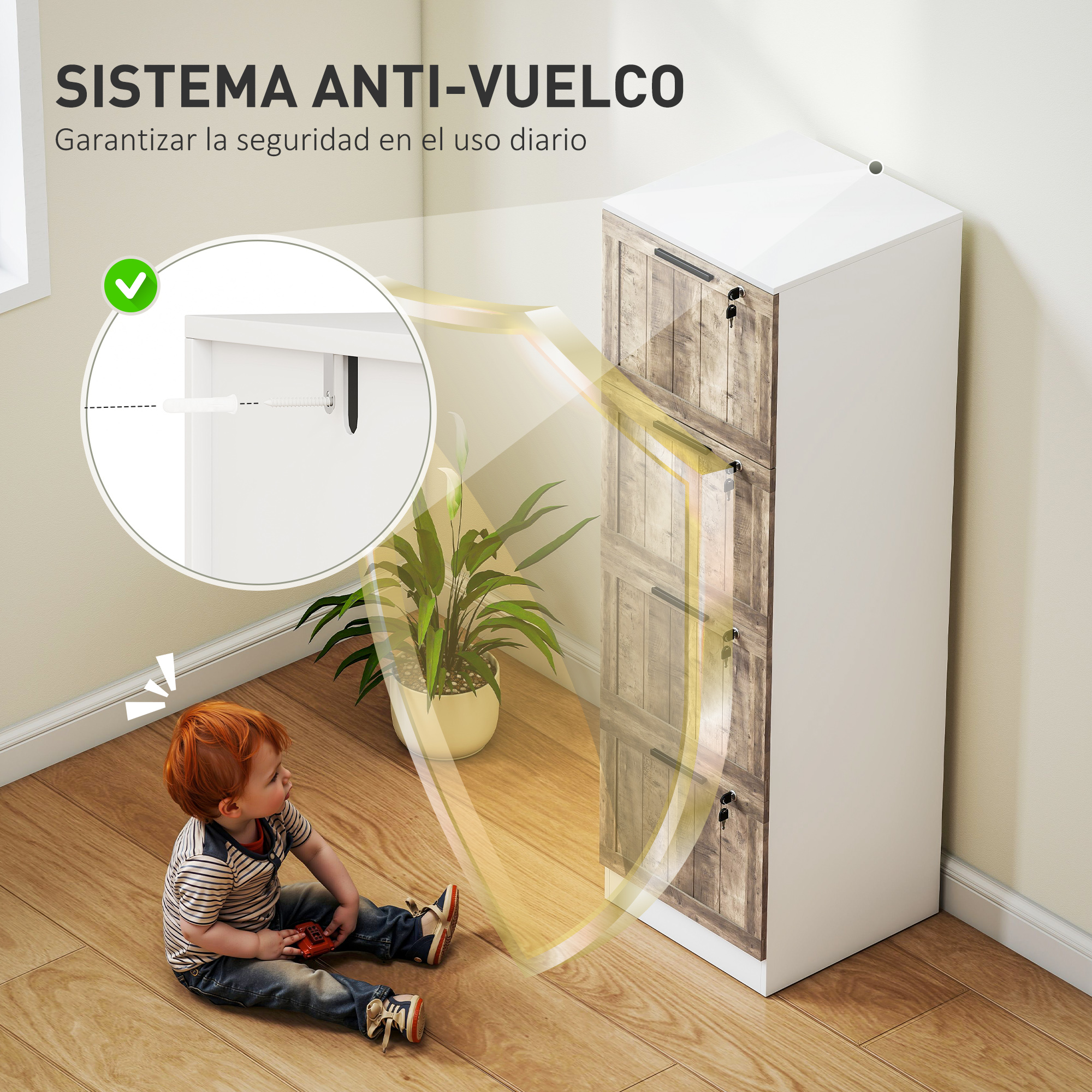 Un niño pequeño se sienta en un suelo de madera junto a un archivador blanco.