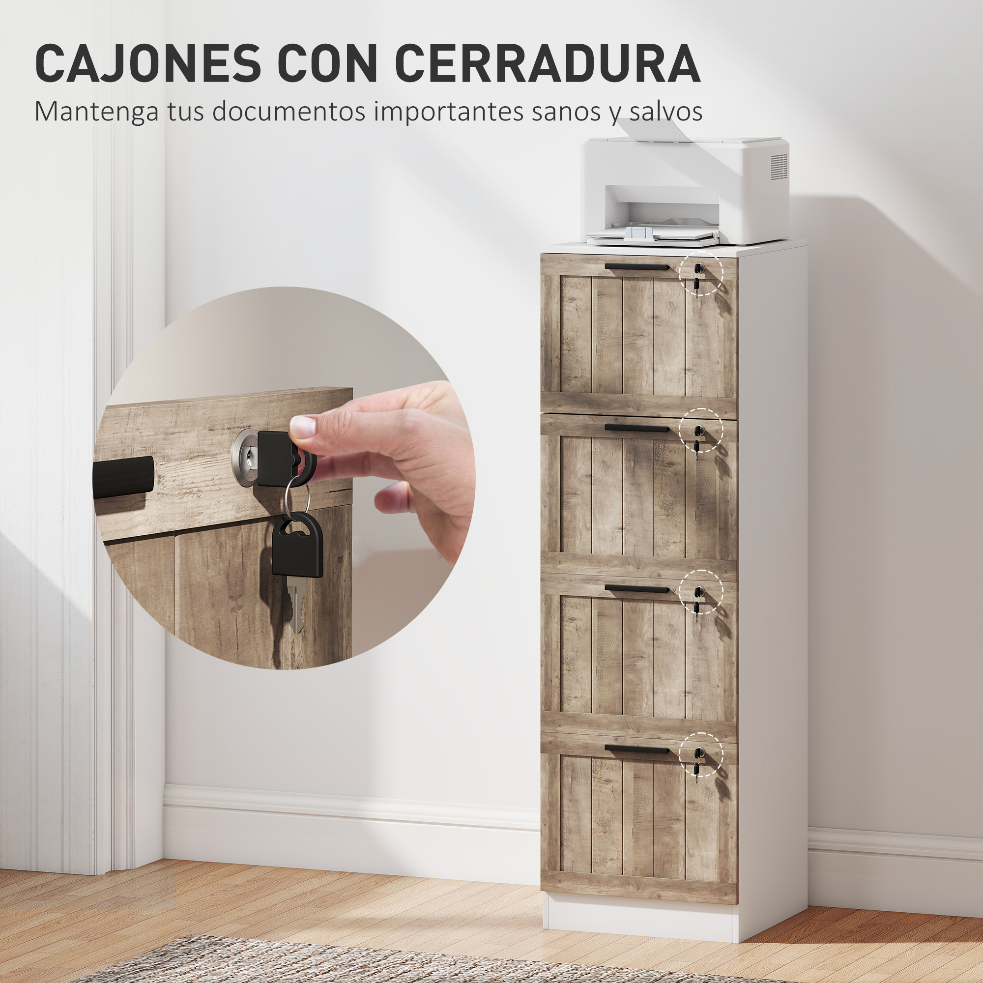 Un armario alto de madera con cuatro cajones, una impresora encima y una mano insertando una llave.