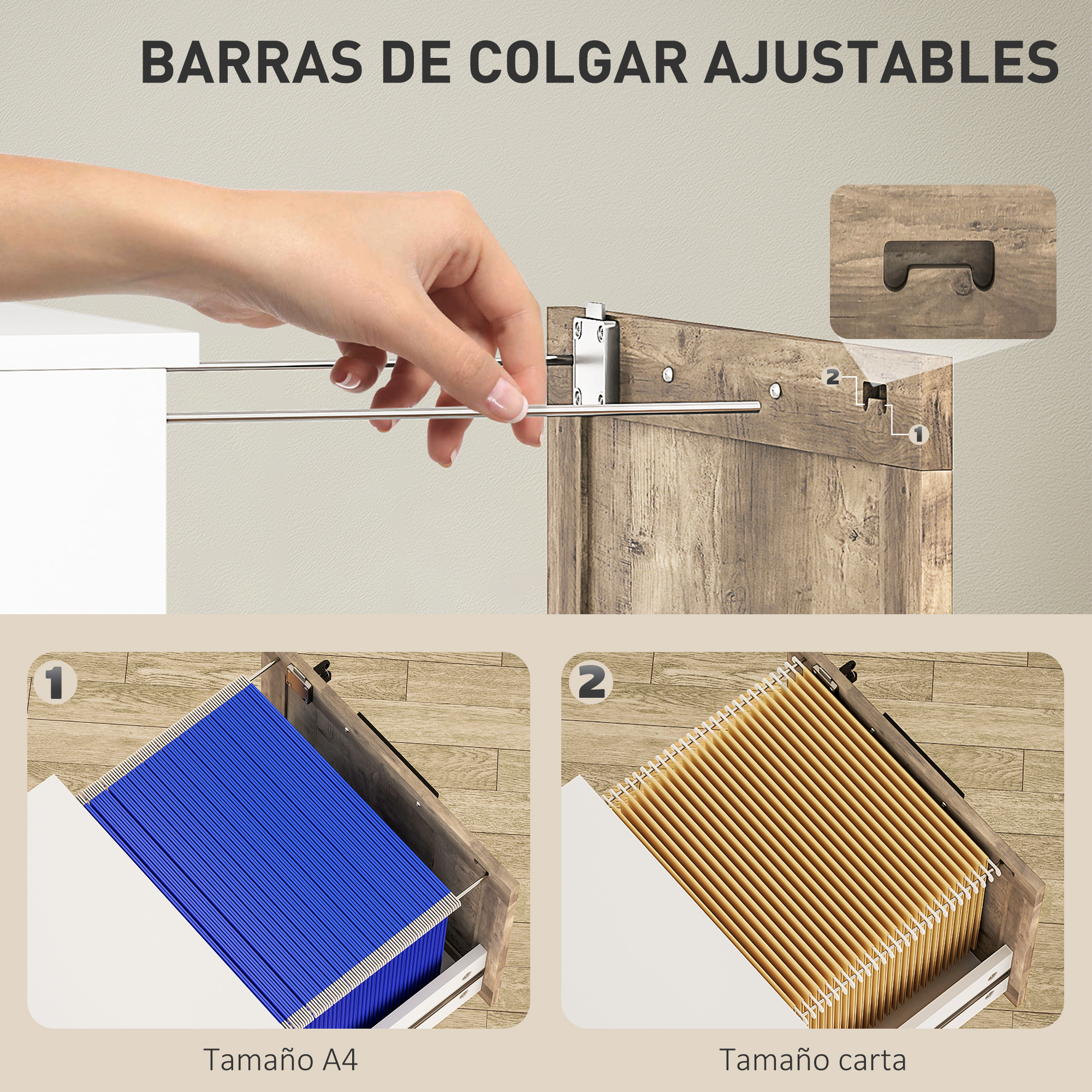 Una mano instala una barra colgante ajustable en un armario de madera.