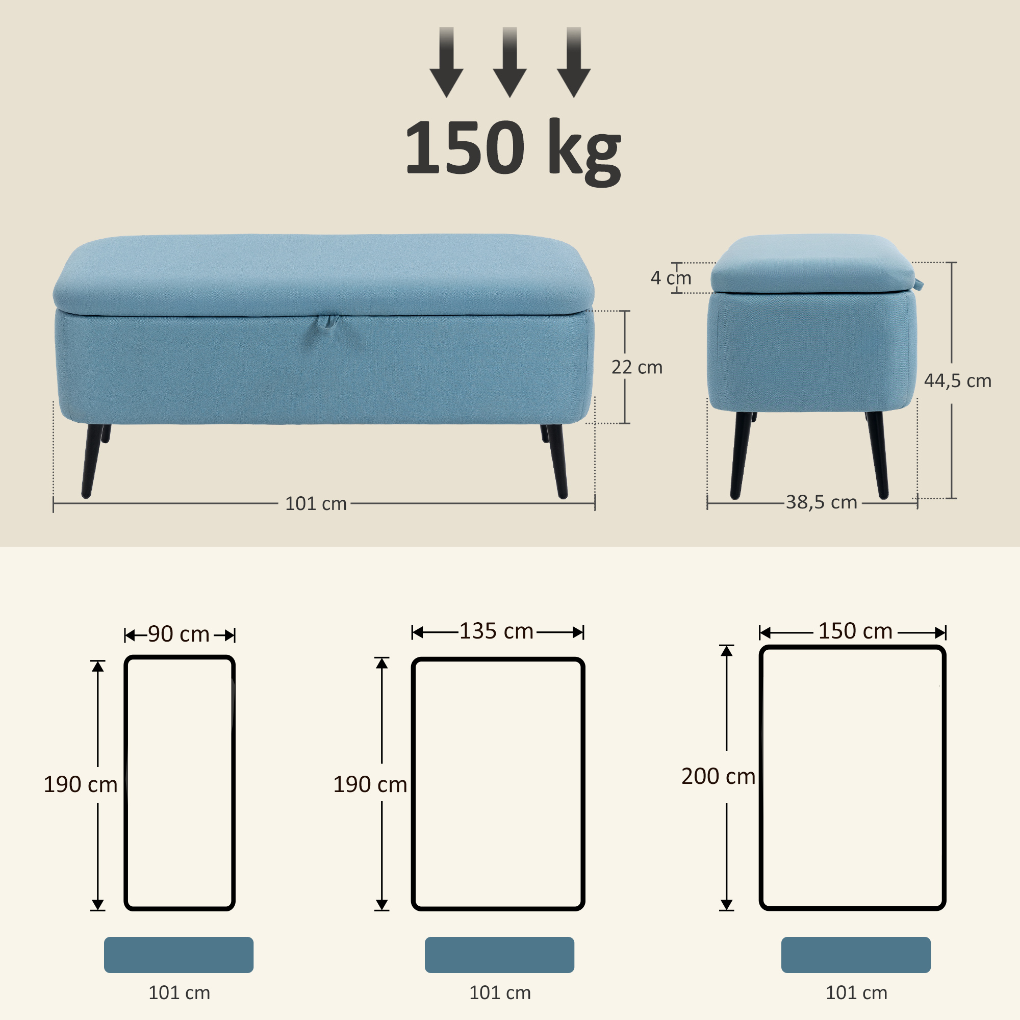 Banco de almacenamiento azul con dimensiones y diagramas de tres tamaños de cama.