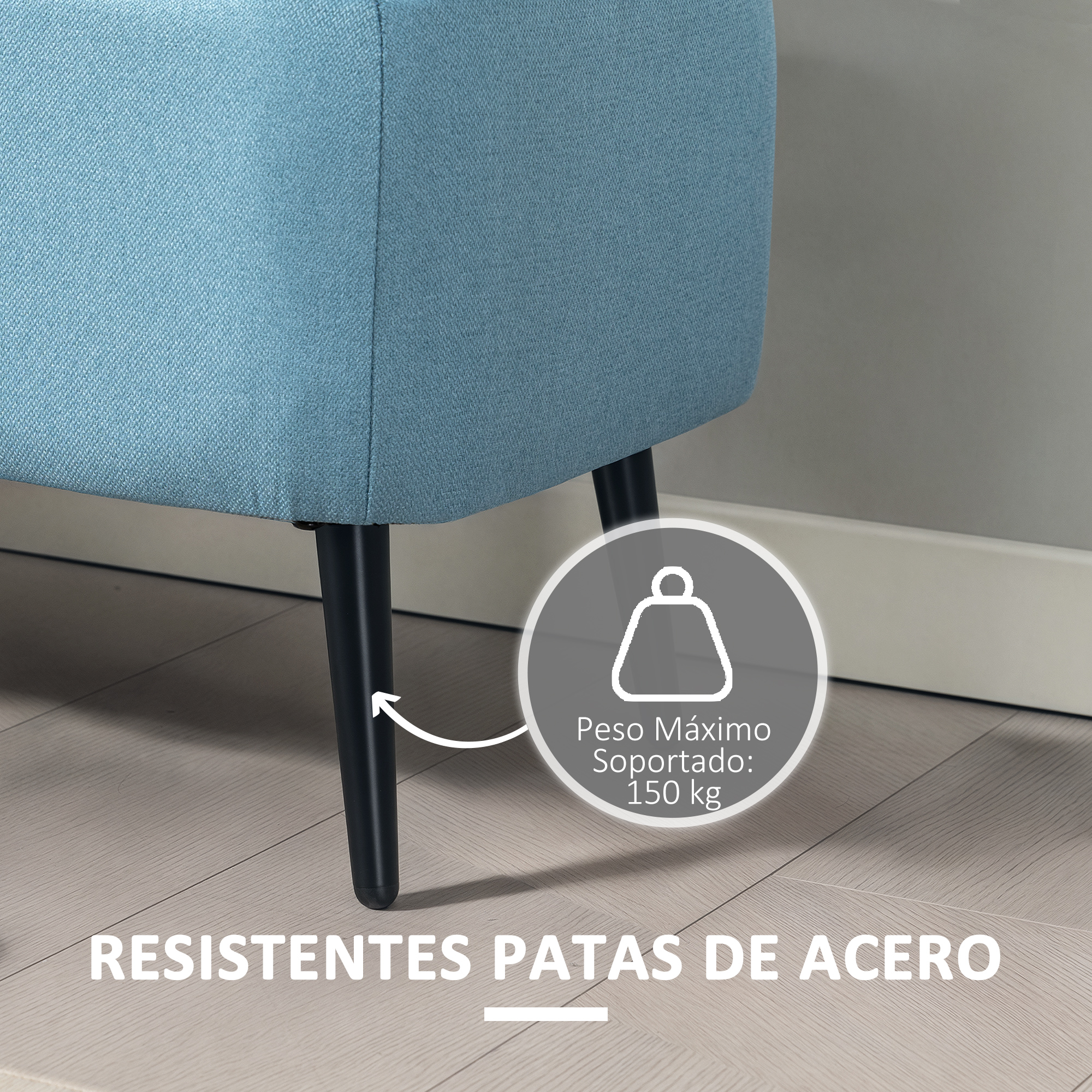 Un taburete de tela azul con patas de metal negro y límite de peso de 150 kg.