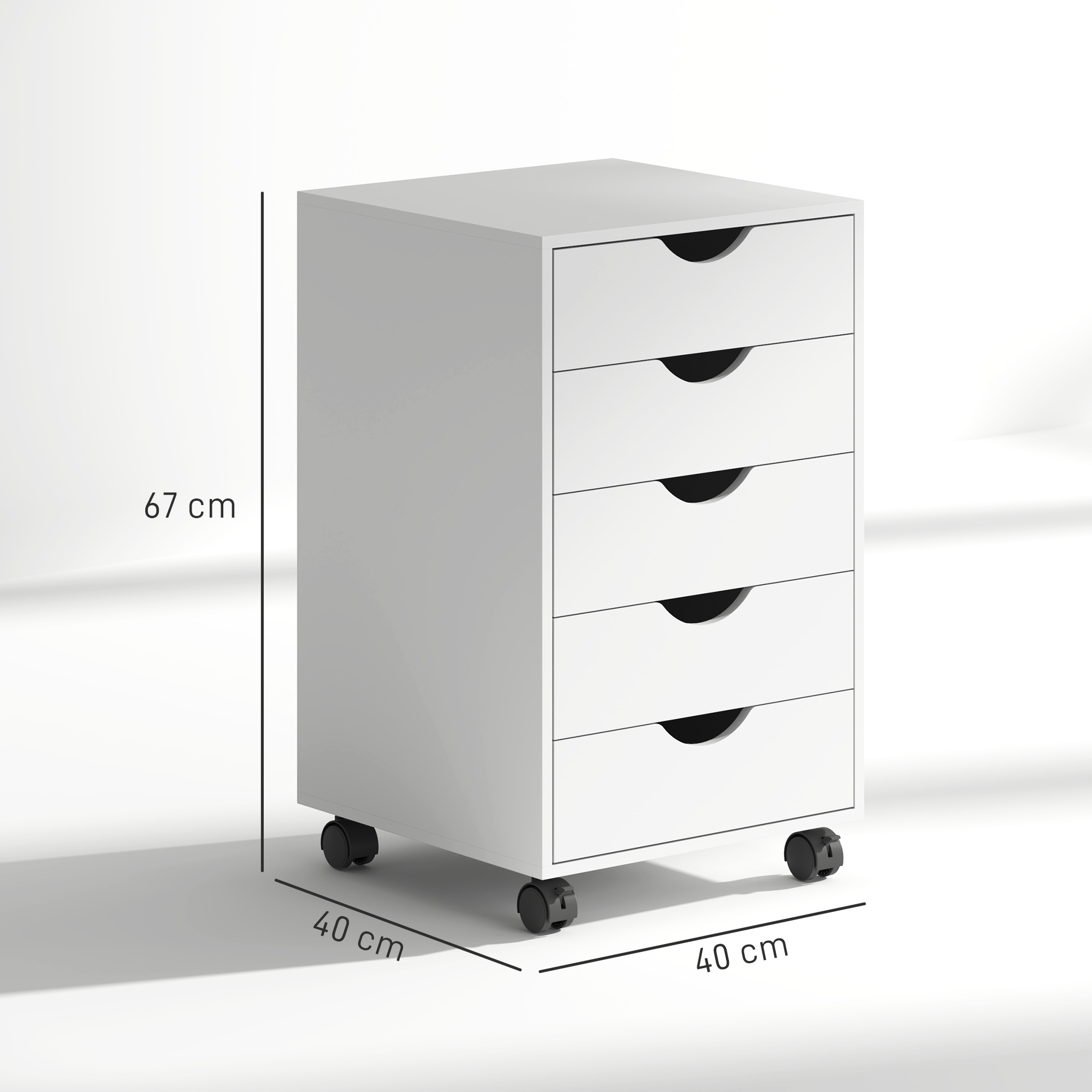 Un mueble blanco con ruedas y 5 cajones está en el suelo.