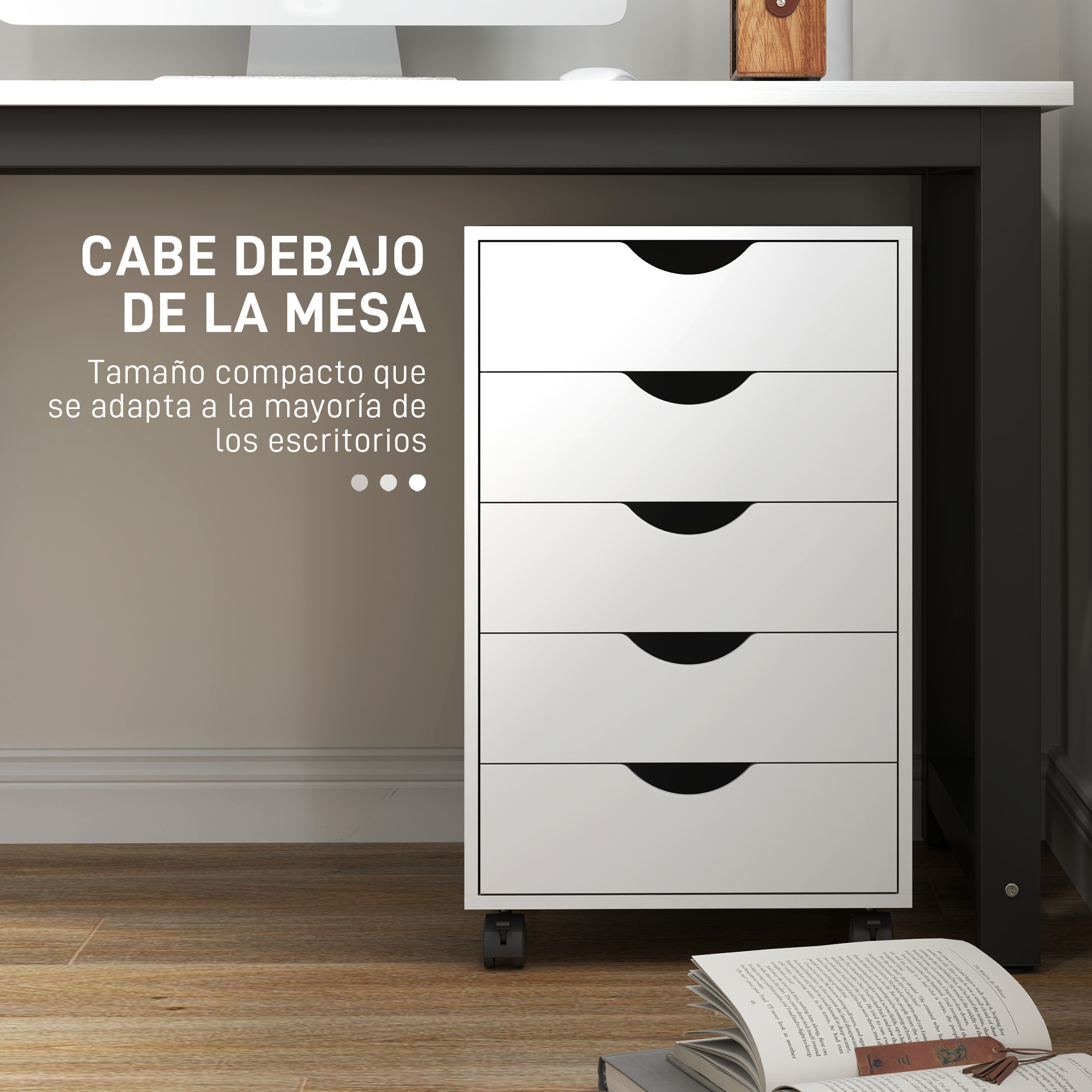 Un archivador blanco con ruedas y cinco cajones debajo de un escritorio.