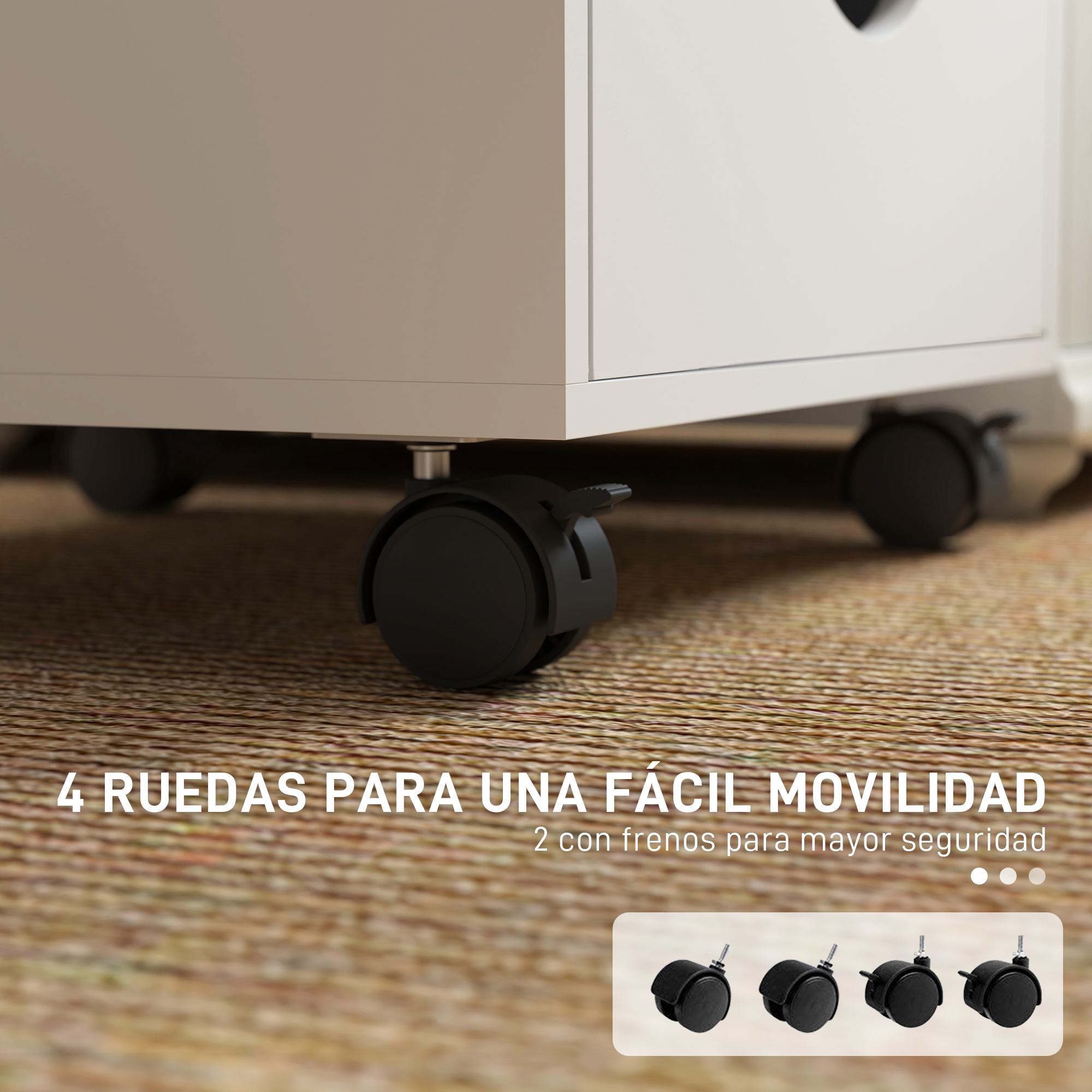 Primer plano de cuatro ruedas negras debajo de un mueble blanco sobre una alfombra.