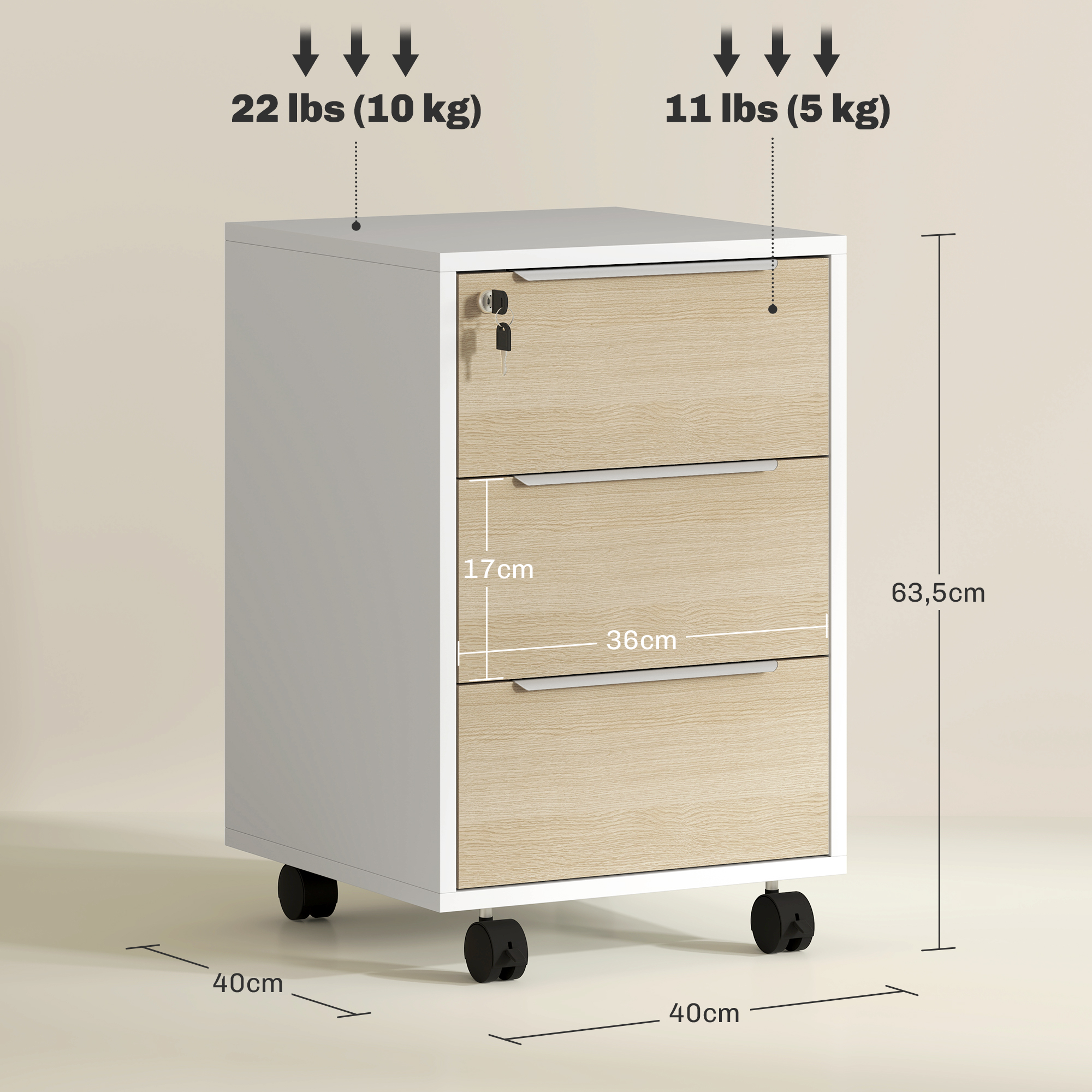 Archivador blanco con cajones de madera, ruedas y medidas.