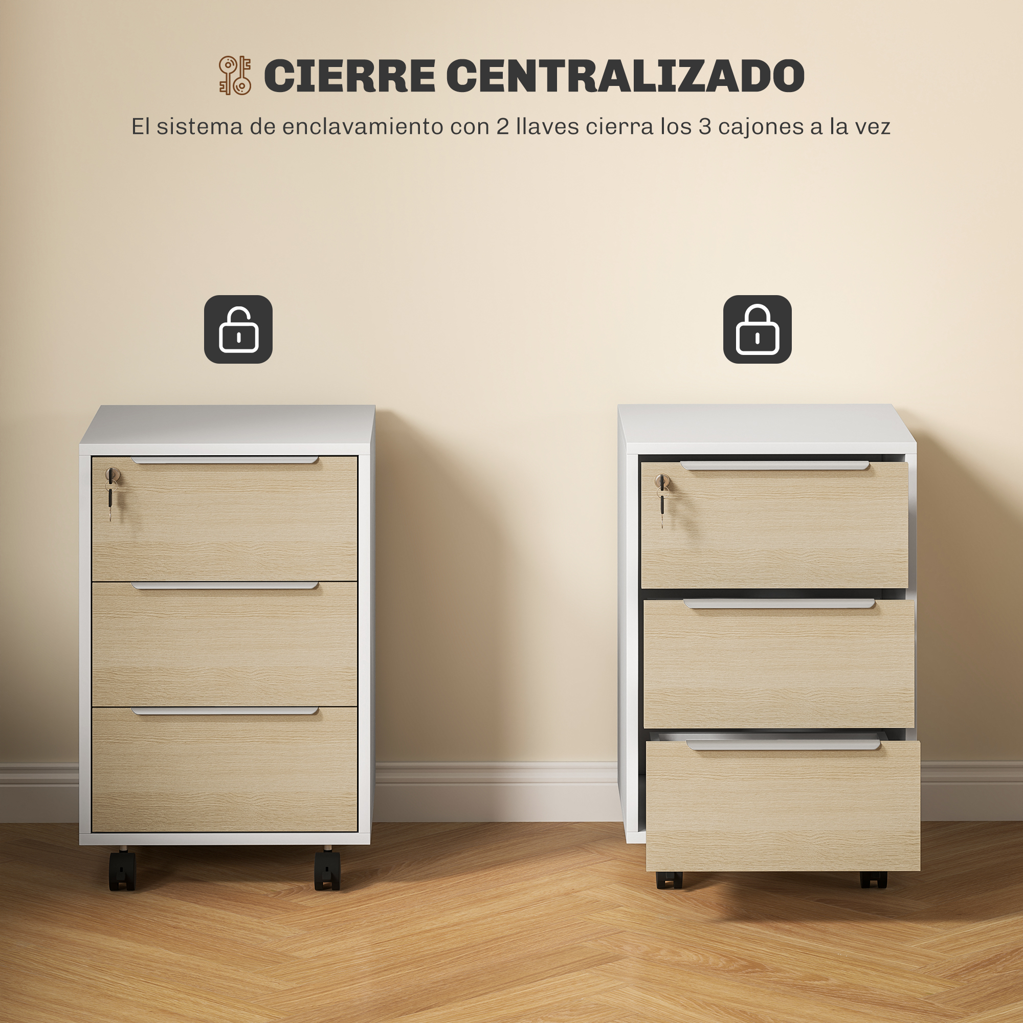 Dos archivadores blancos con frentes de madera y cerraduras sobre suelo de madera.