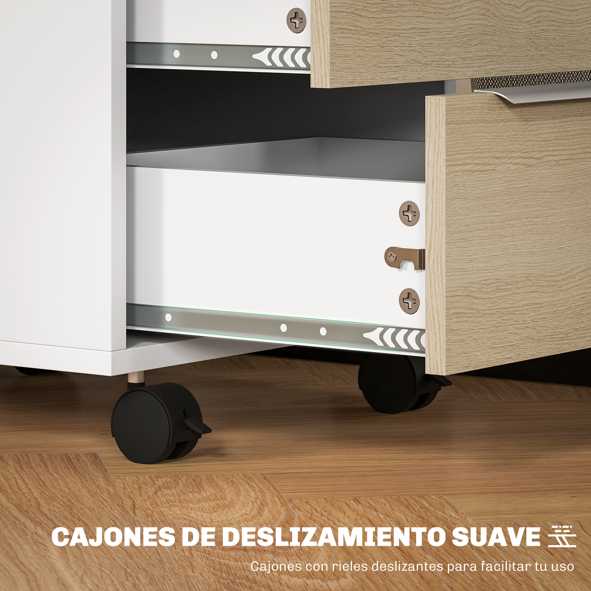 Un archivador blanco con ruedas y un cajón de madera ligeramente abierto.