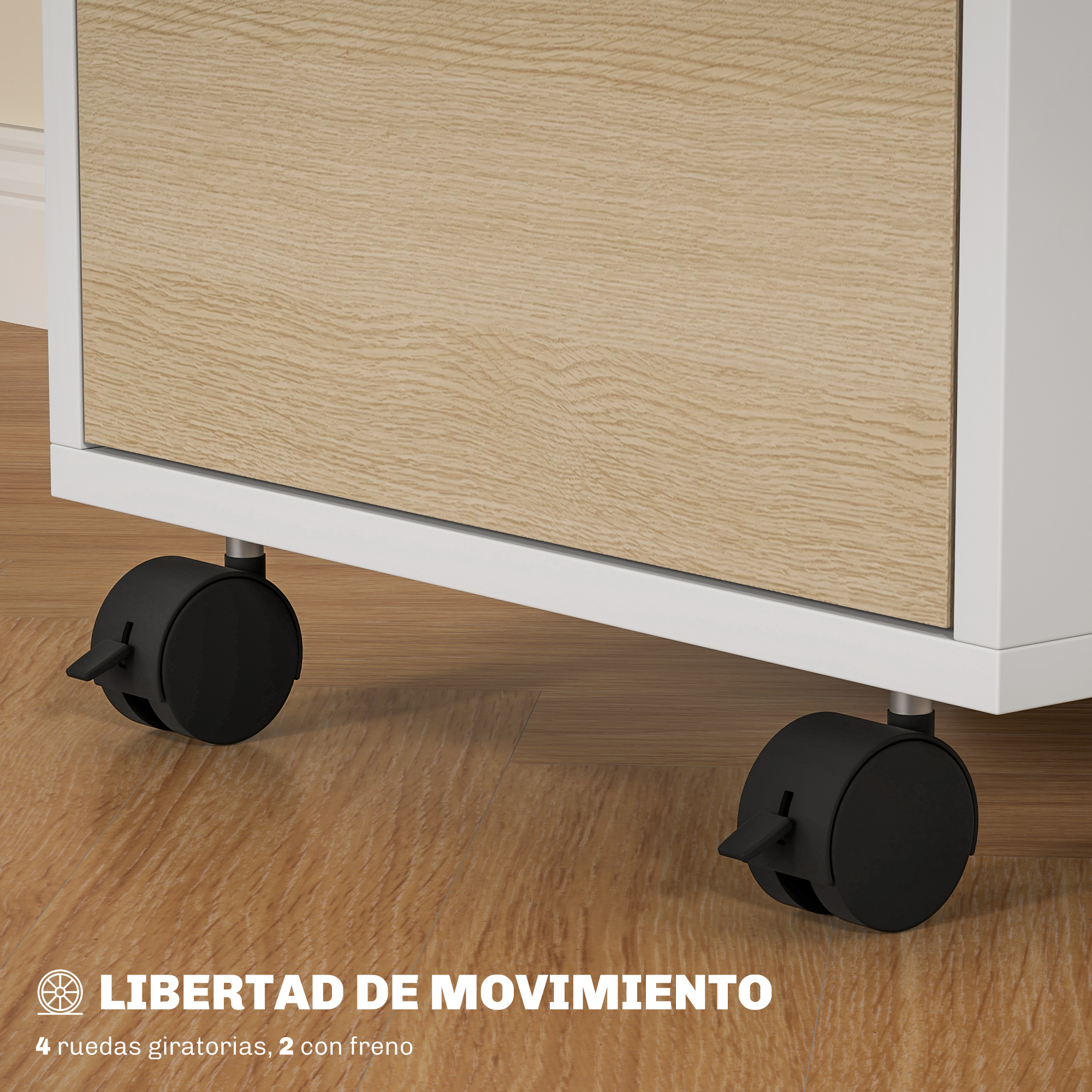 Primer plano de 4 ruedas negras debajo de un armario de madera marrón claro.