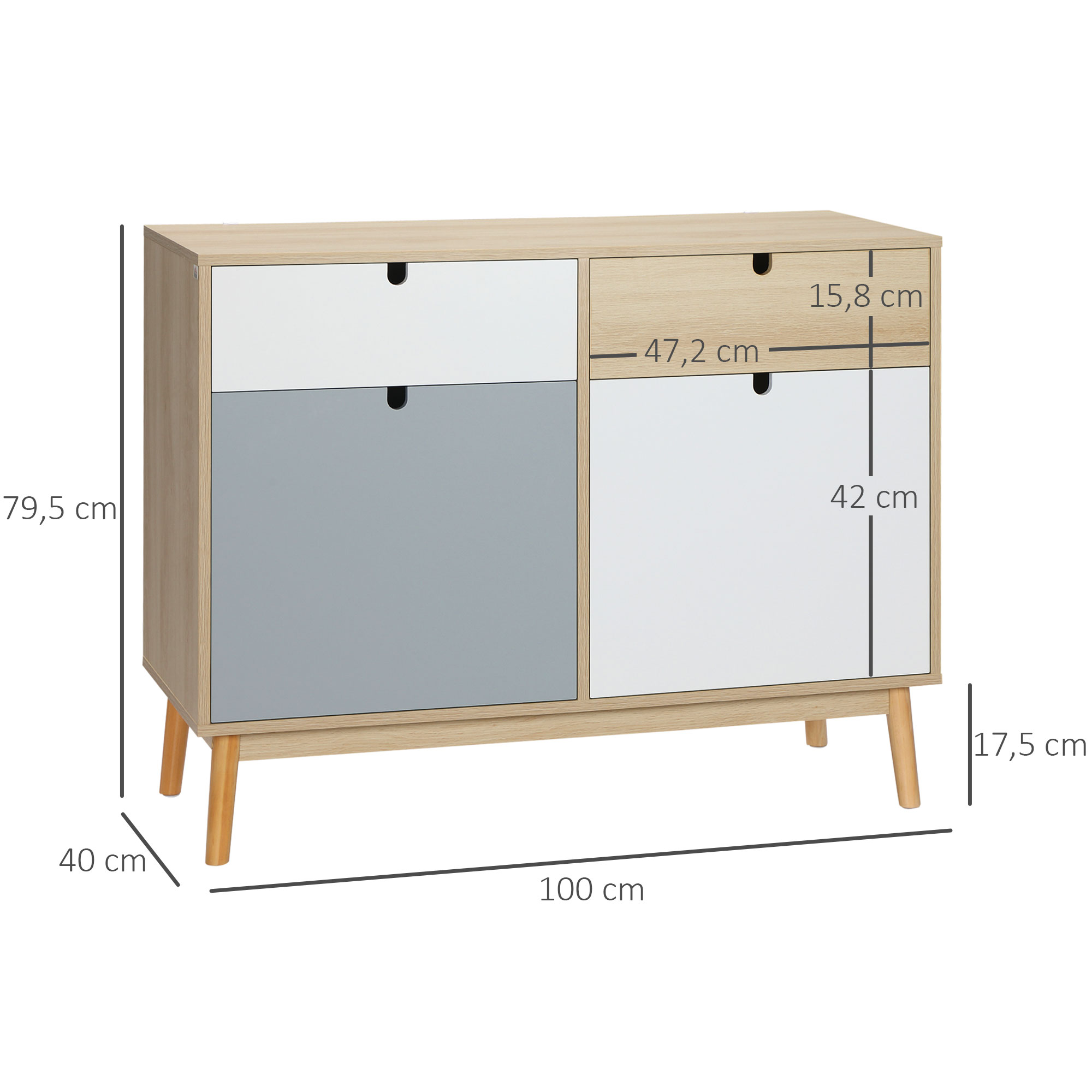 Un armario de madera con cuatro cajones y dos puertas, medidas indicadas.