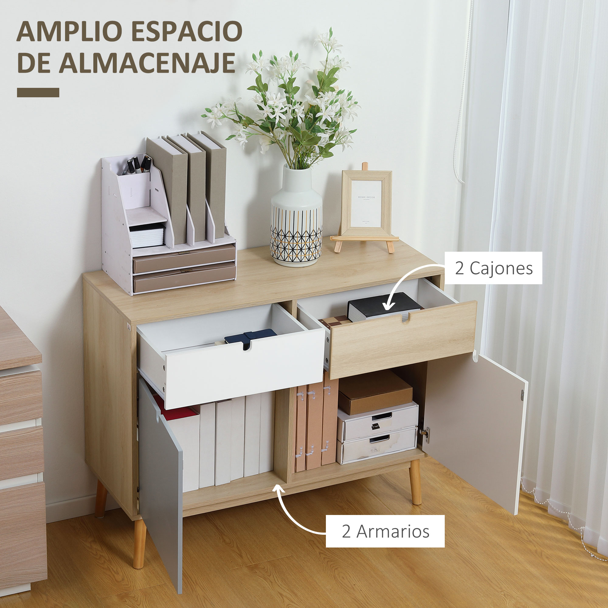 Un aparador de madera clara con cajones y puertas abiertas, lleno de carpetas.