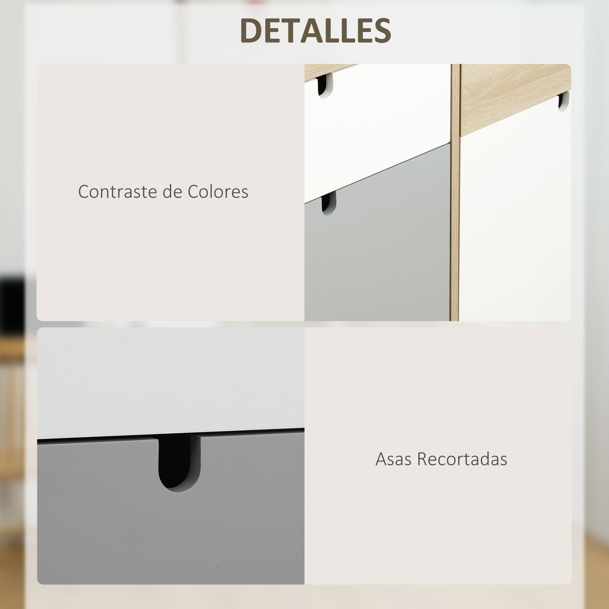 Primer plano de frentes de cajón blancos, grises y de madera con tiradores recortados.