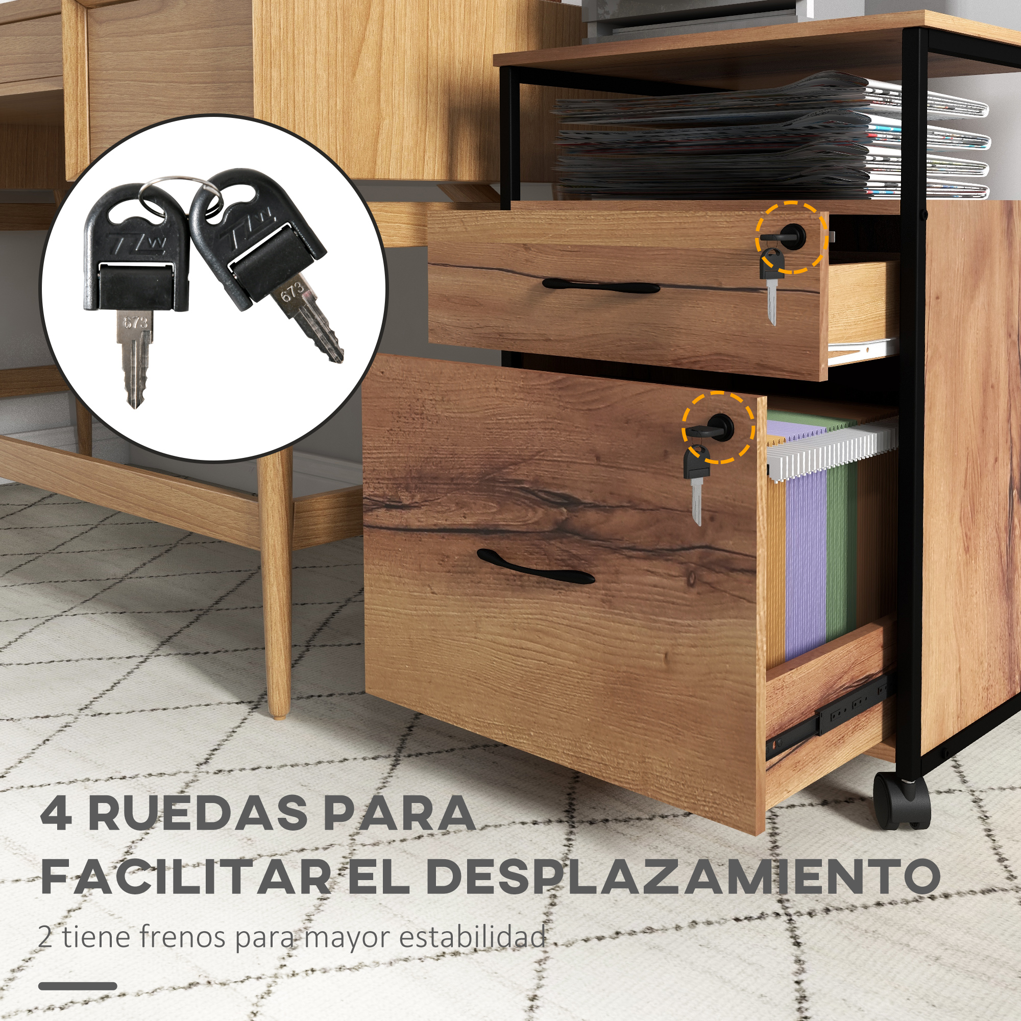 Dos llaves se muestran en un círculo en un archivador de madera con cajones.