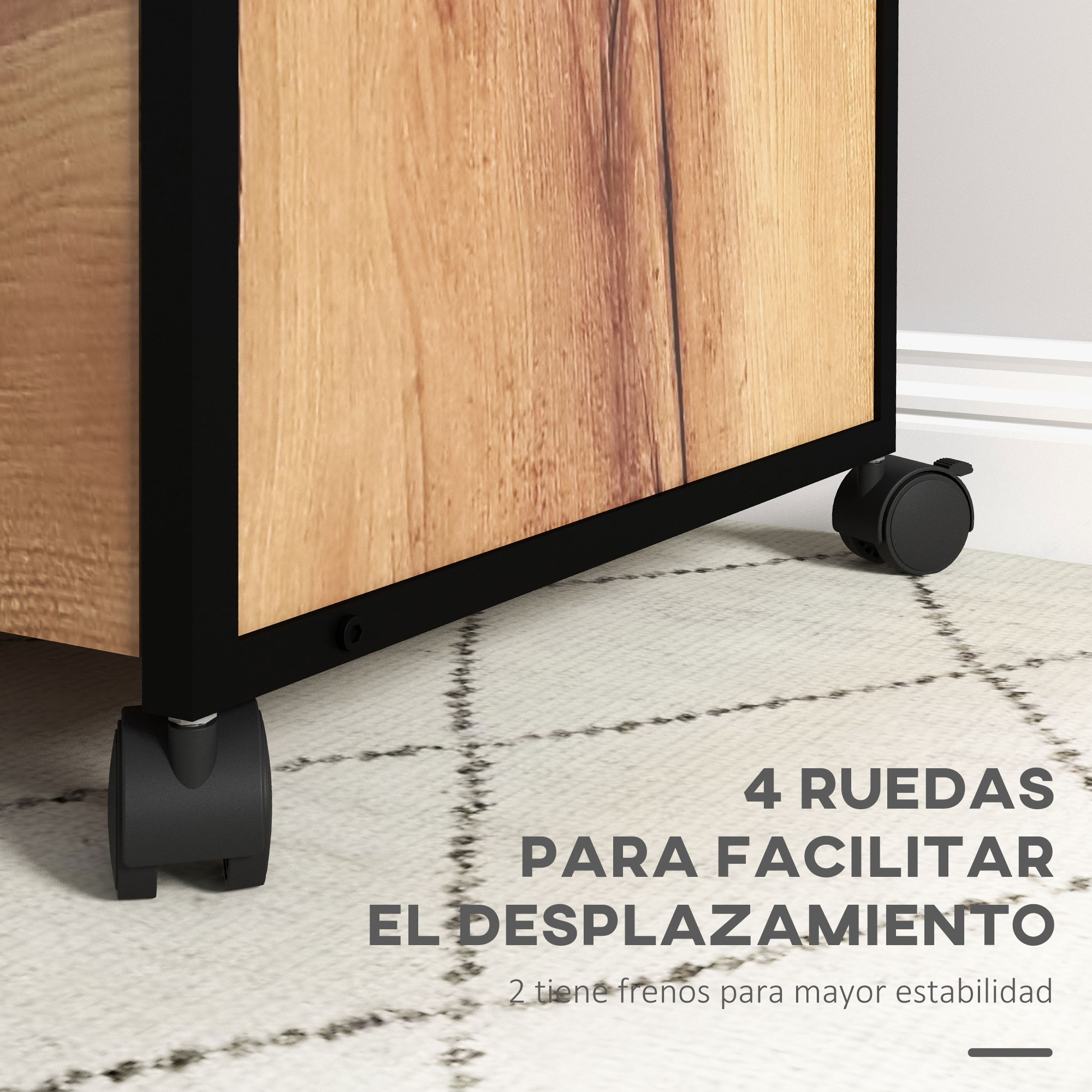 Un mueble de madera con ruedas negras y frenos sobre una alfombra.