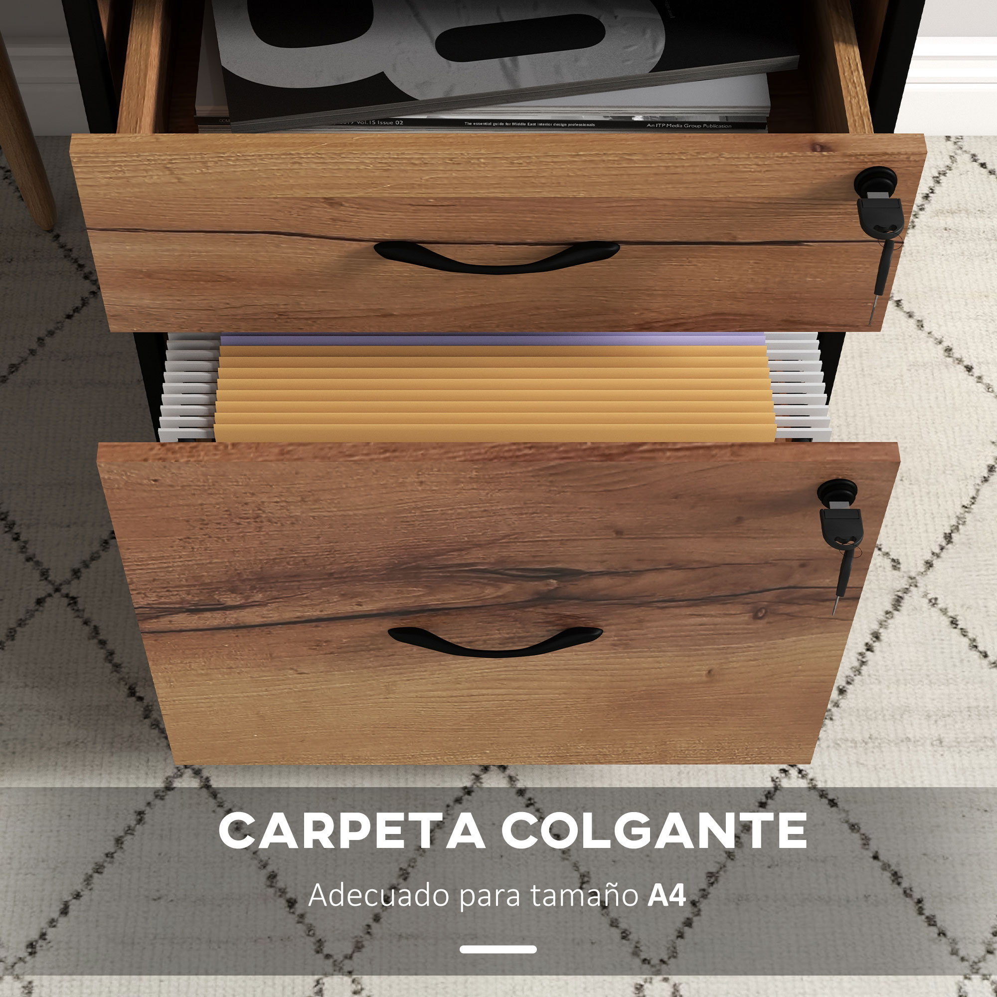 Un archivador de madera con dos cajones, lleno de carpetas y revistas.