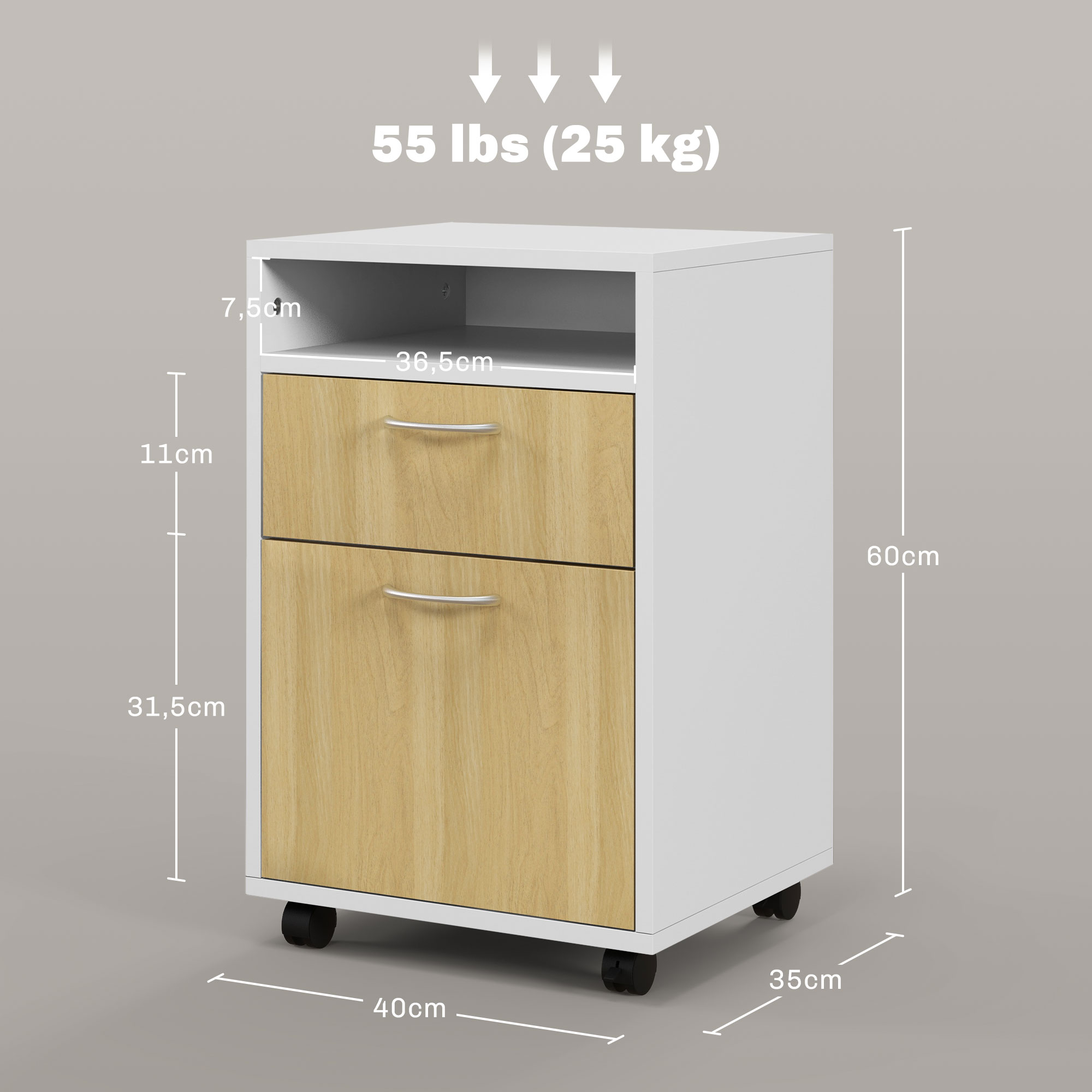 Gabinete blanco con cajones de laminado de madera y ruedas.