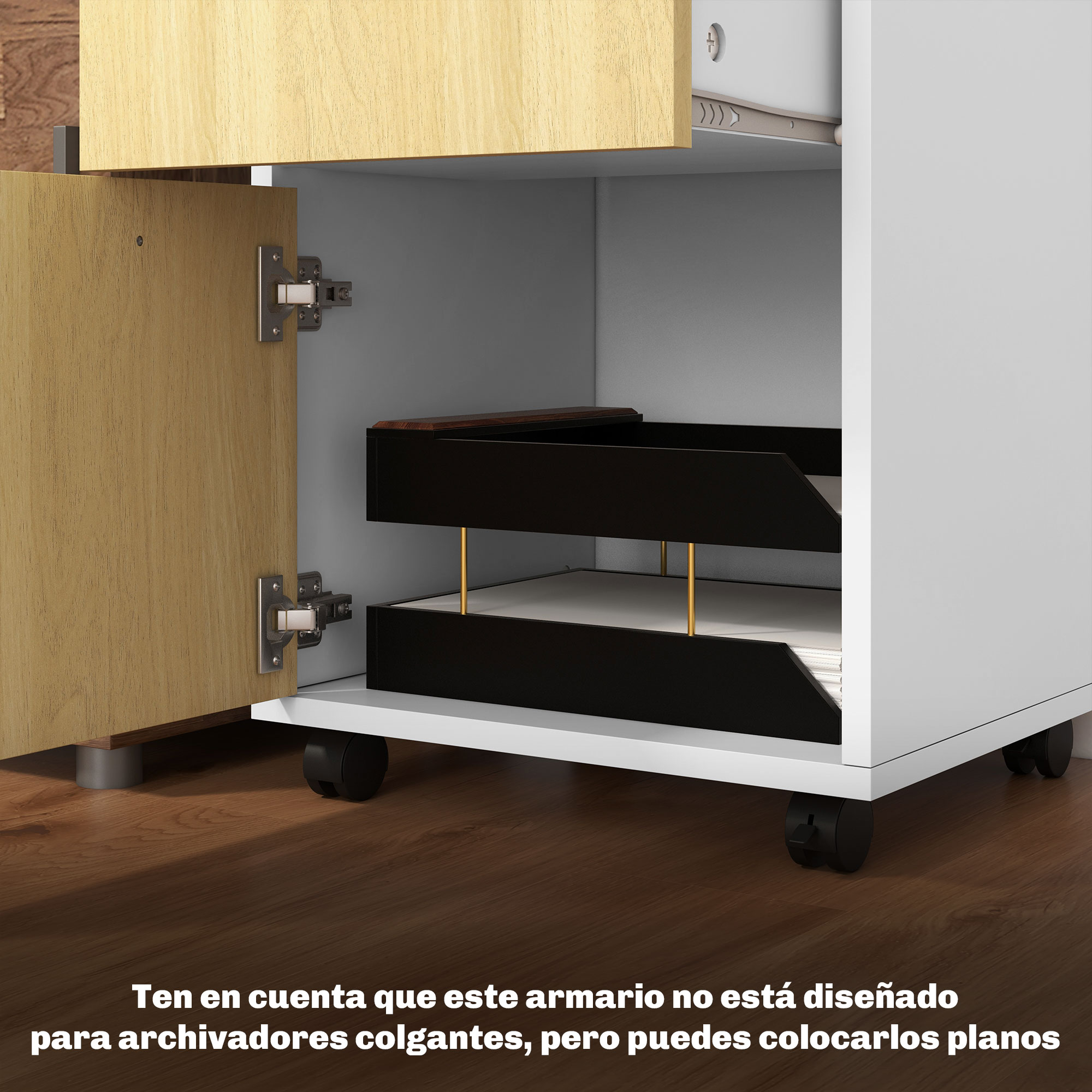 Un archivador móvil con puerta de madera y bandejas negras.