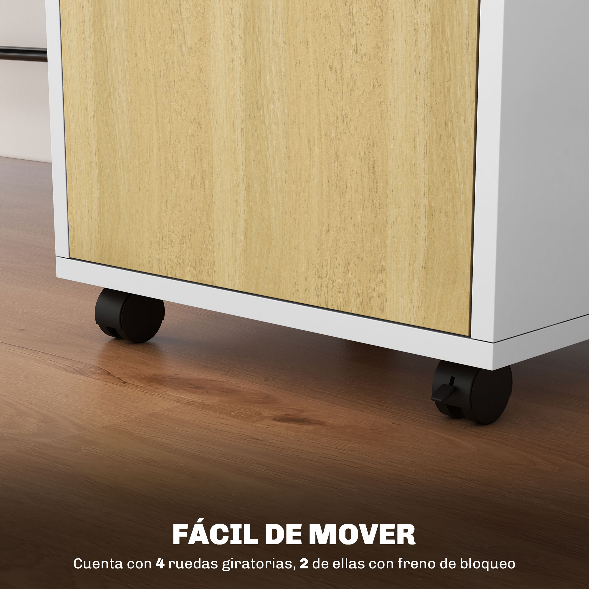 Un mueble blanco con ruedas, puerta de aspecto madera y suelo de madera.