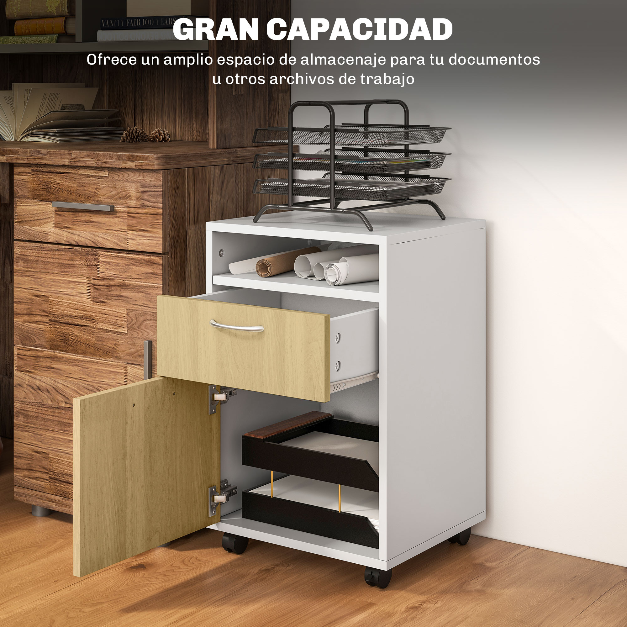Gabinete blanco con cajón de madera y puerta abierta sobre ruedas. Organizador.