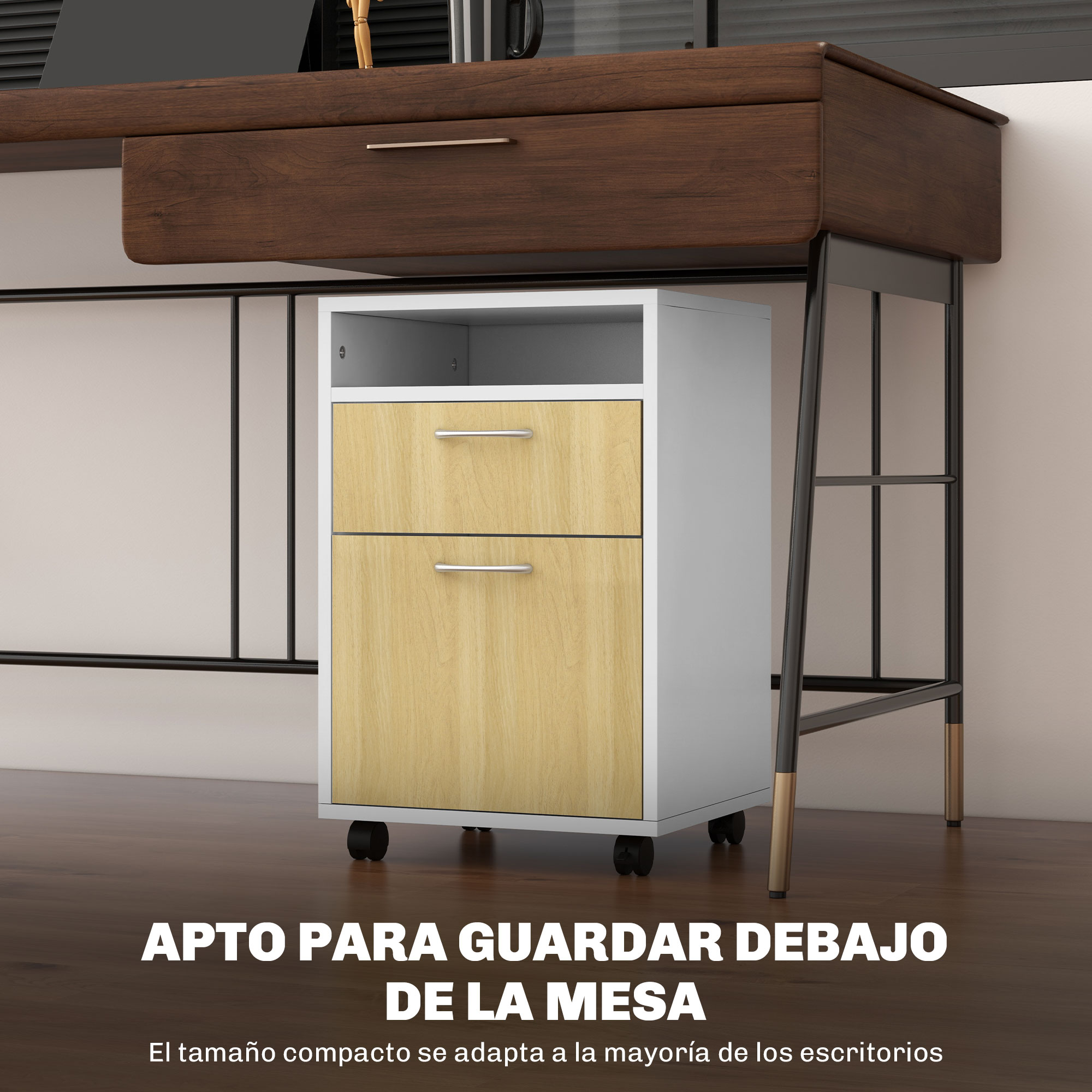 Un archivador blanco con cajones de madera debajo de un escritorio.