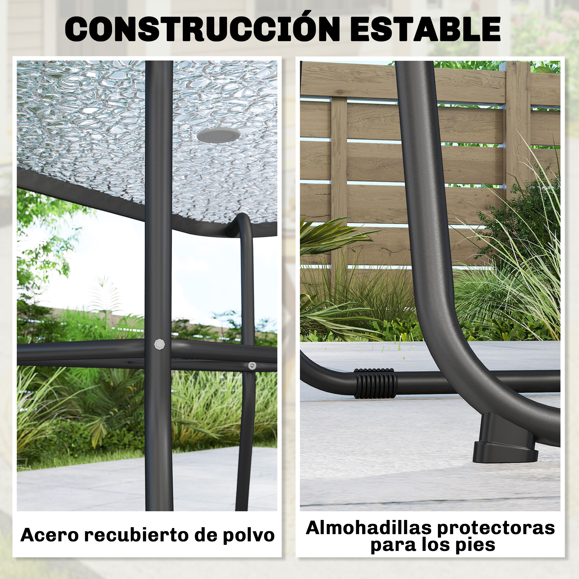 Estructura de acero con recubrimiento en polvo, tapa de vidrio y protectores para pies. Exterior.
