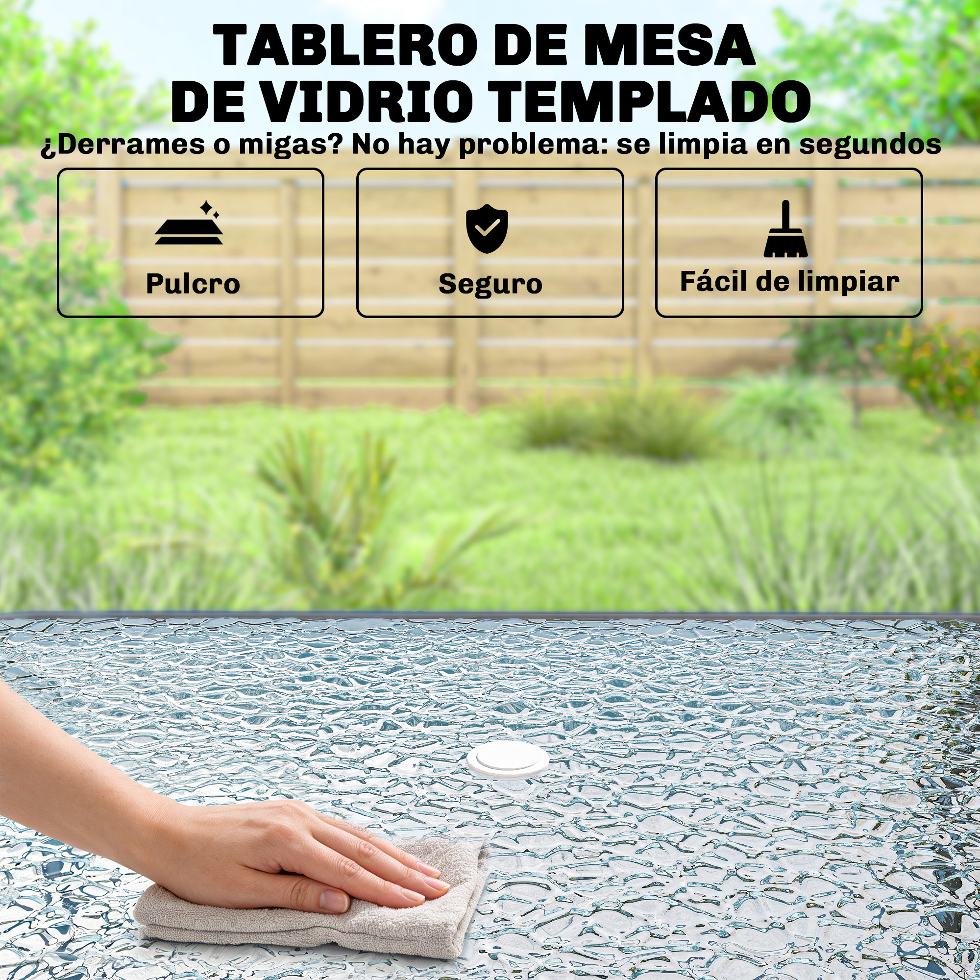 Una mano limpia una mesa de cristal texturizado con un paño. El texto superior resalta la limpieza, seguridad y fácil mantenimiento.