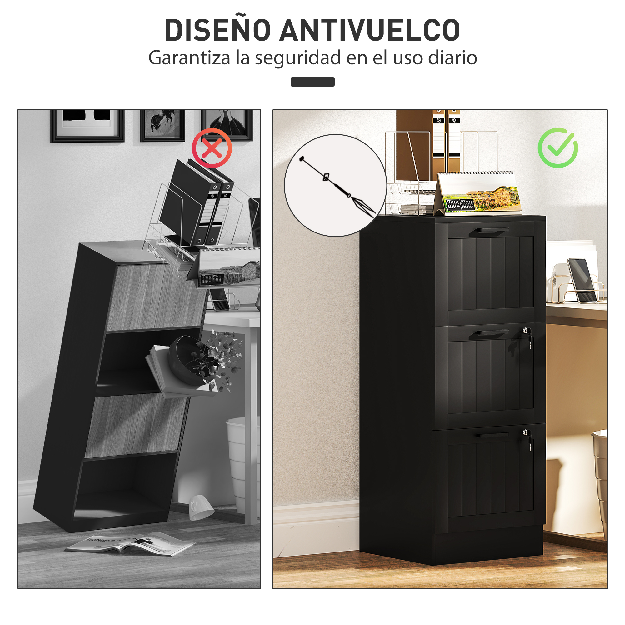 Comparación de archivadores inestables vs. estables. Izquierda muestra un archivador volcado con archivos. Derecha muestra un archivador seguro.