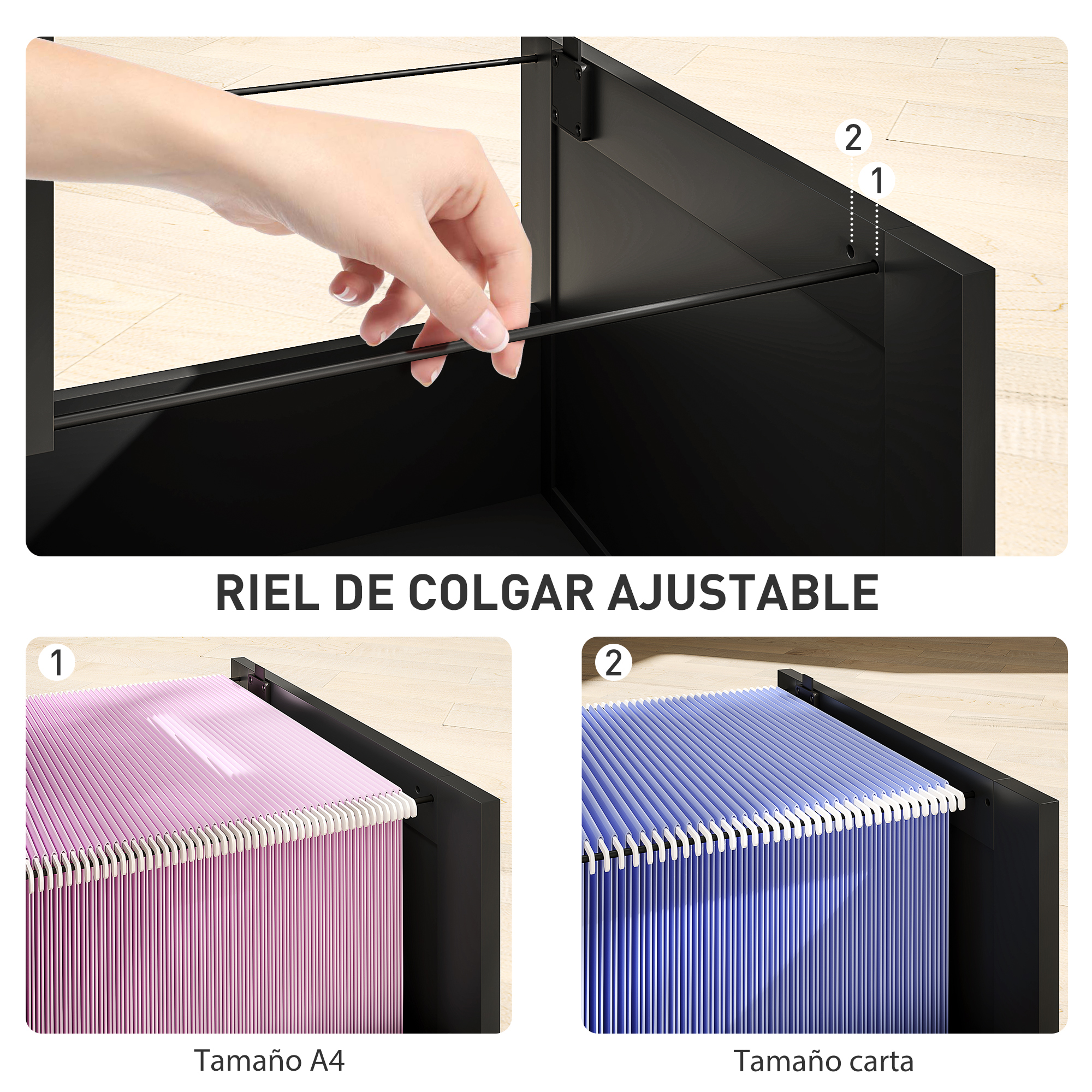 Una mano monta un riel colgante dentro de un archivador negro.