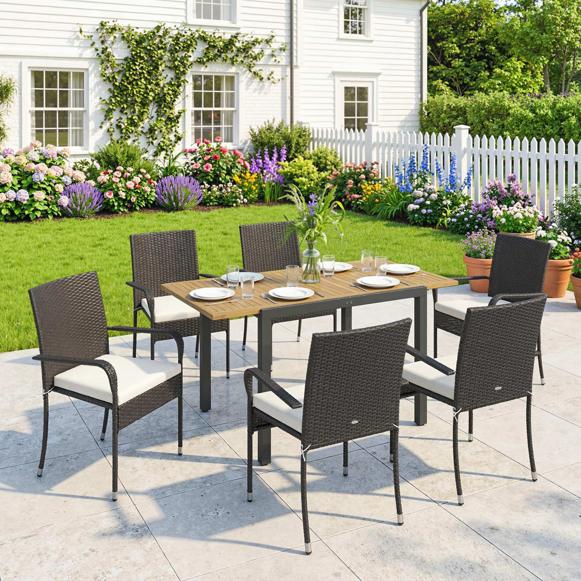Juego de comedor exterior con sillas de mimbre y mesa en un patio, junto a un jardín con flores.