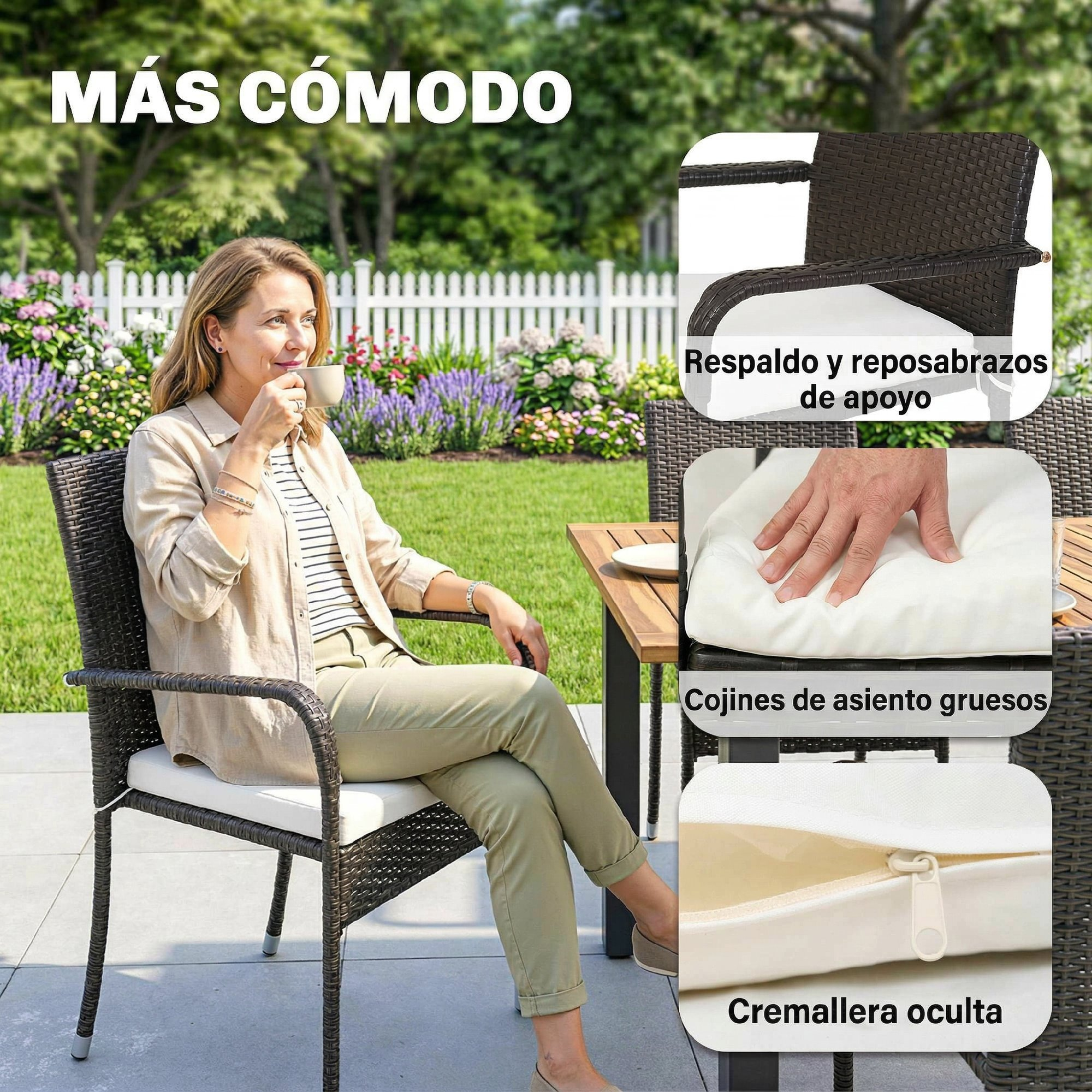 Mujer bebe café en silla de mimbre en jardín con flores.