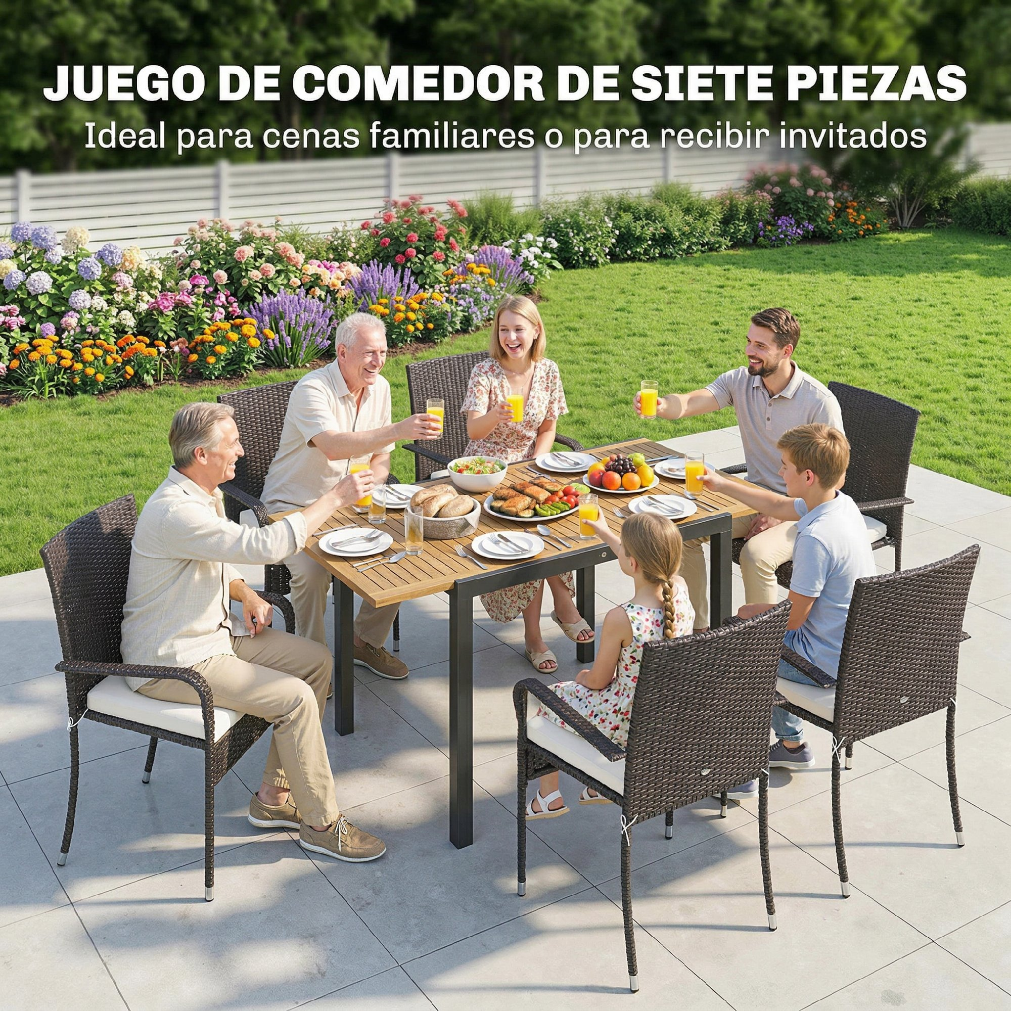 Familia comiendo al aire libre en una mesa de madera y metal con sillas de ratán.
