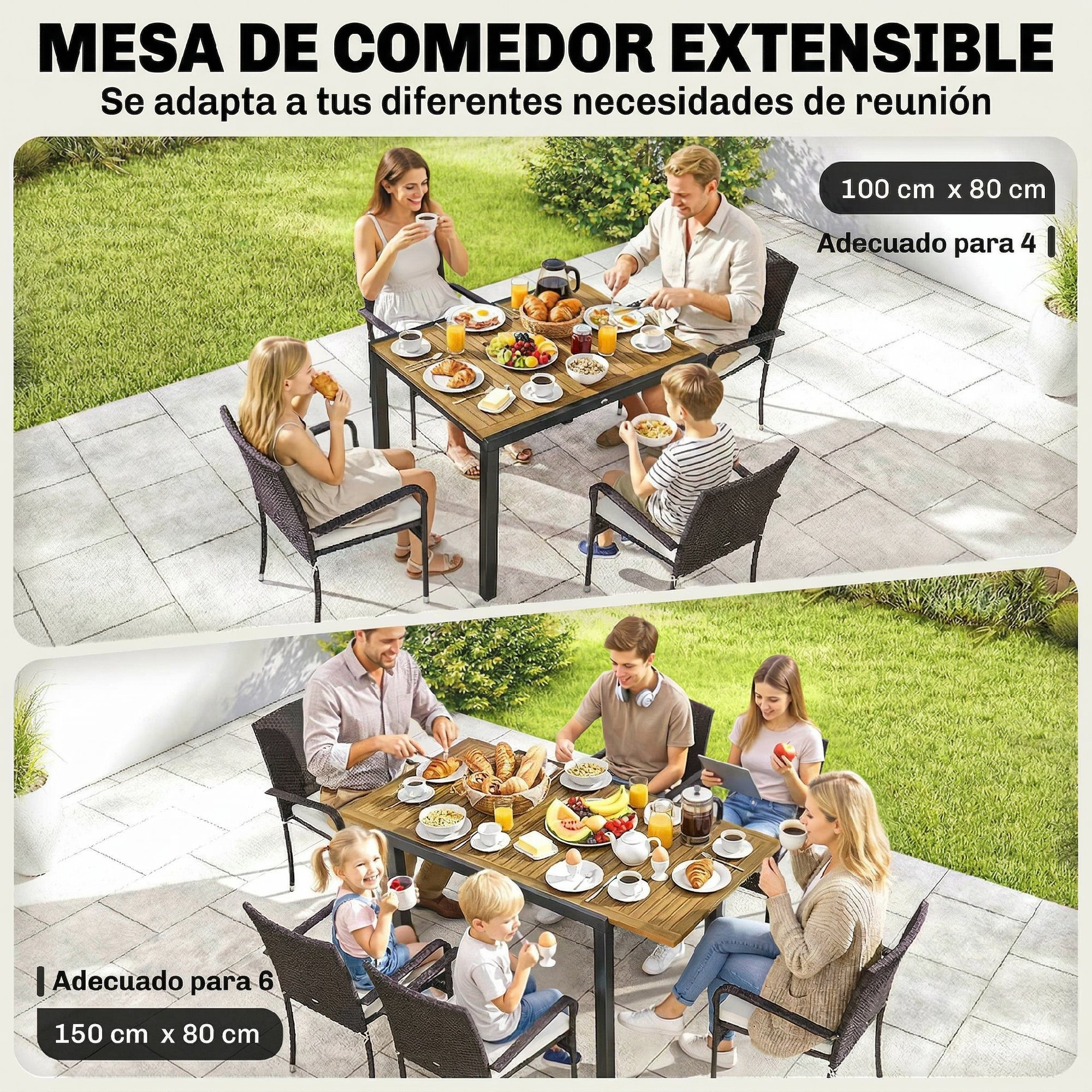 Una familia disfruta de un desayuno al aire libre en una mesa extensible, primero para 4, luego para 6.