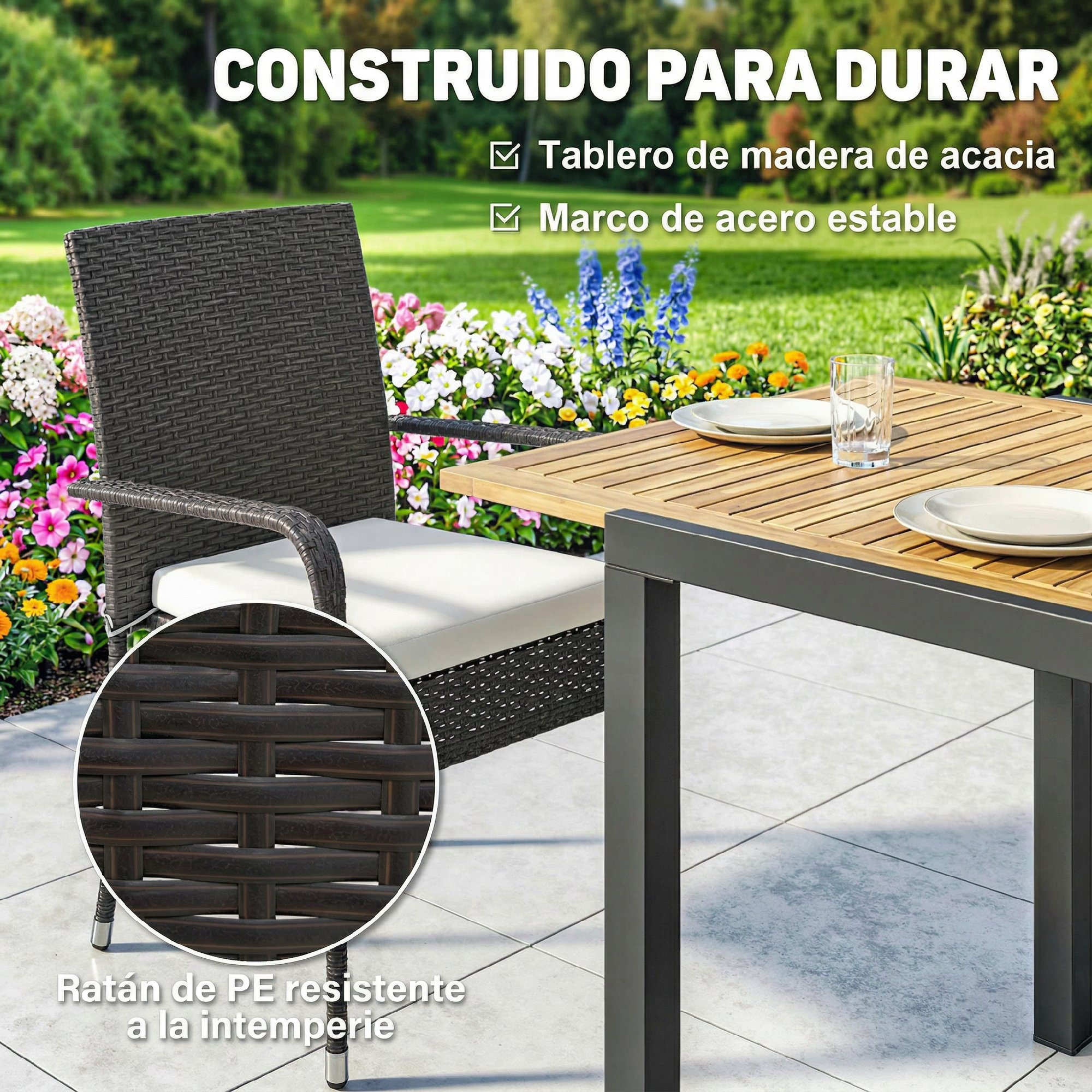 Una silla de ratán oscura y mesa de madera con vasos y platos al aire libre.