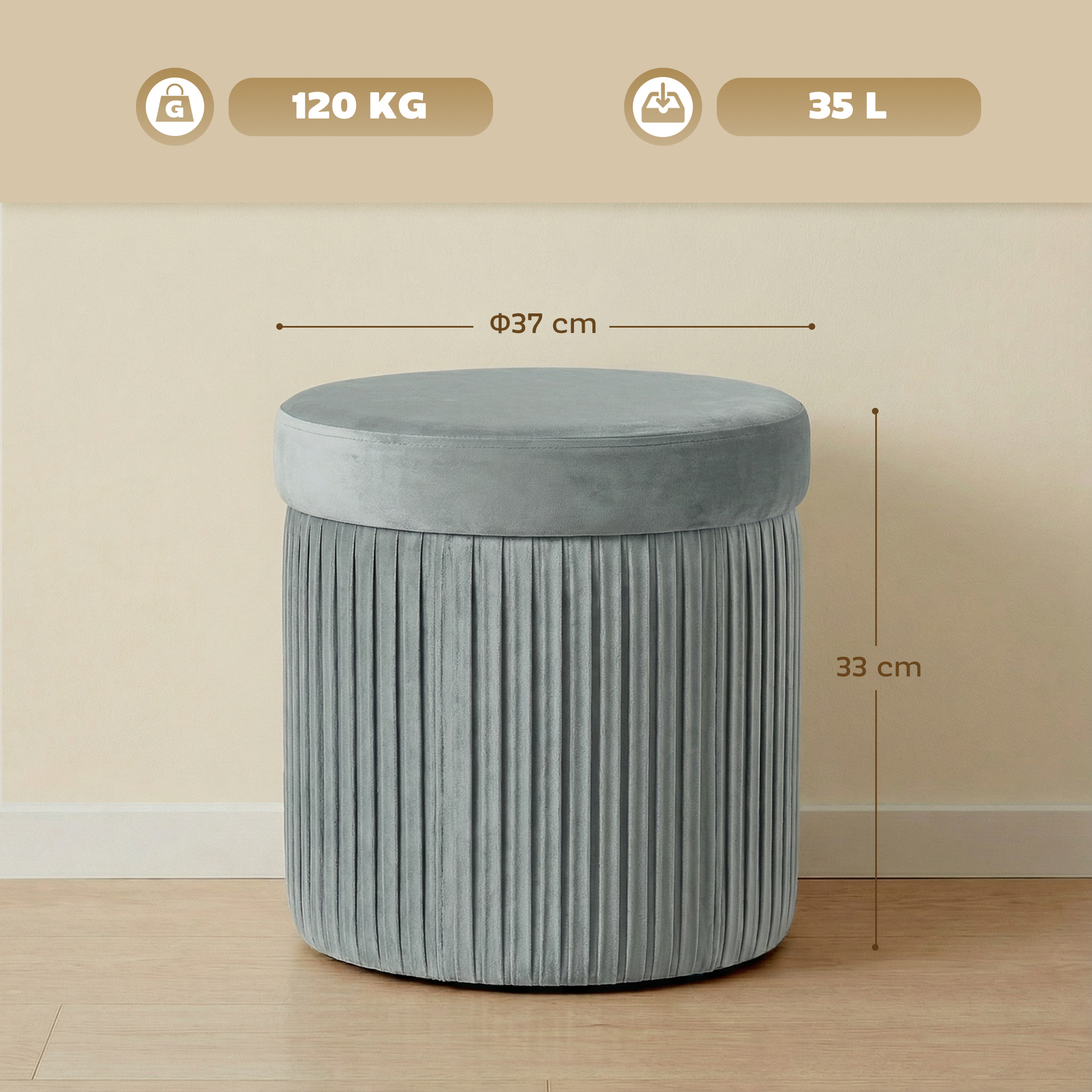 Taburete gris plisado, 37cm ancho, 33cm alto, capacidad 120kg.