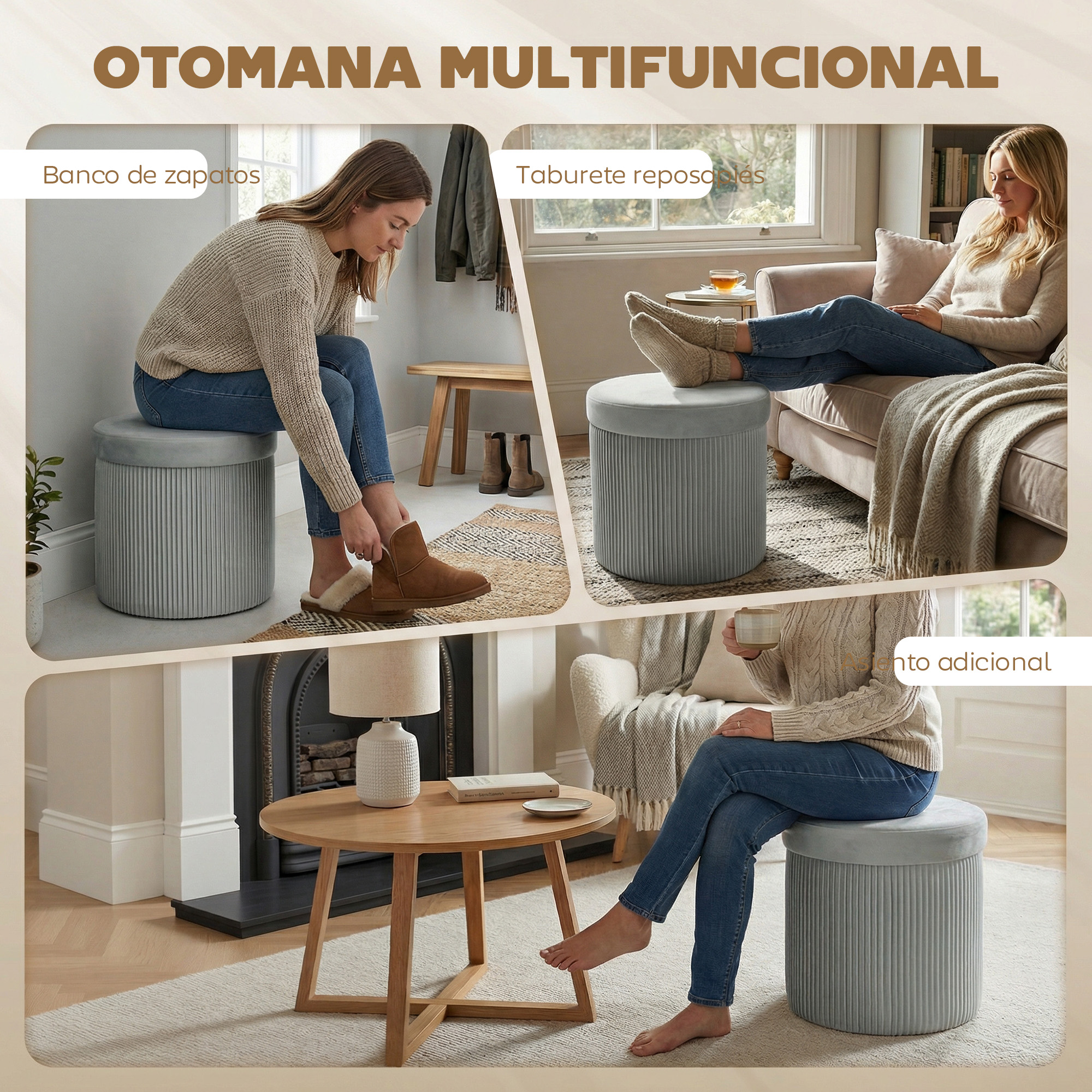 Tres escenas mostrando un puf gris: mujer poniéndose zapatos, relajándose y bebiendo.