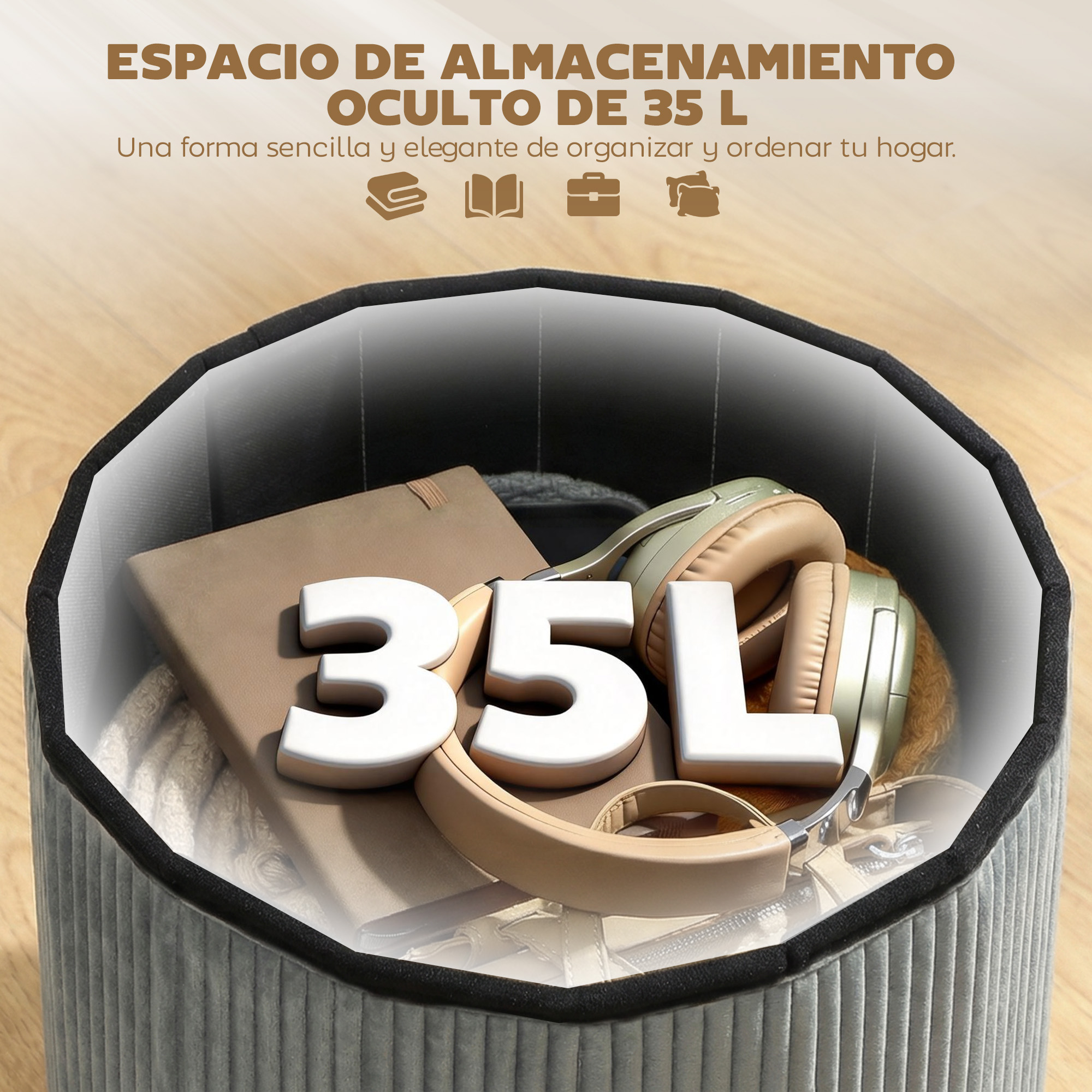 Cubo de almacenamiento gris con auriculares, libro y bolso. Capacidad 35L.