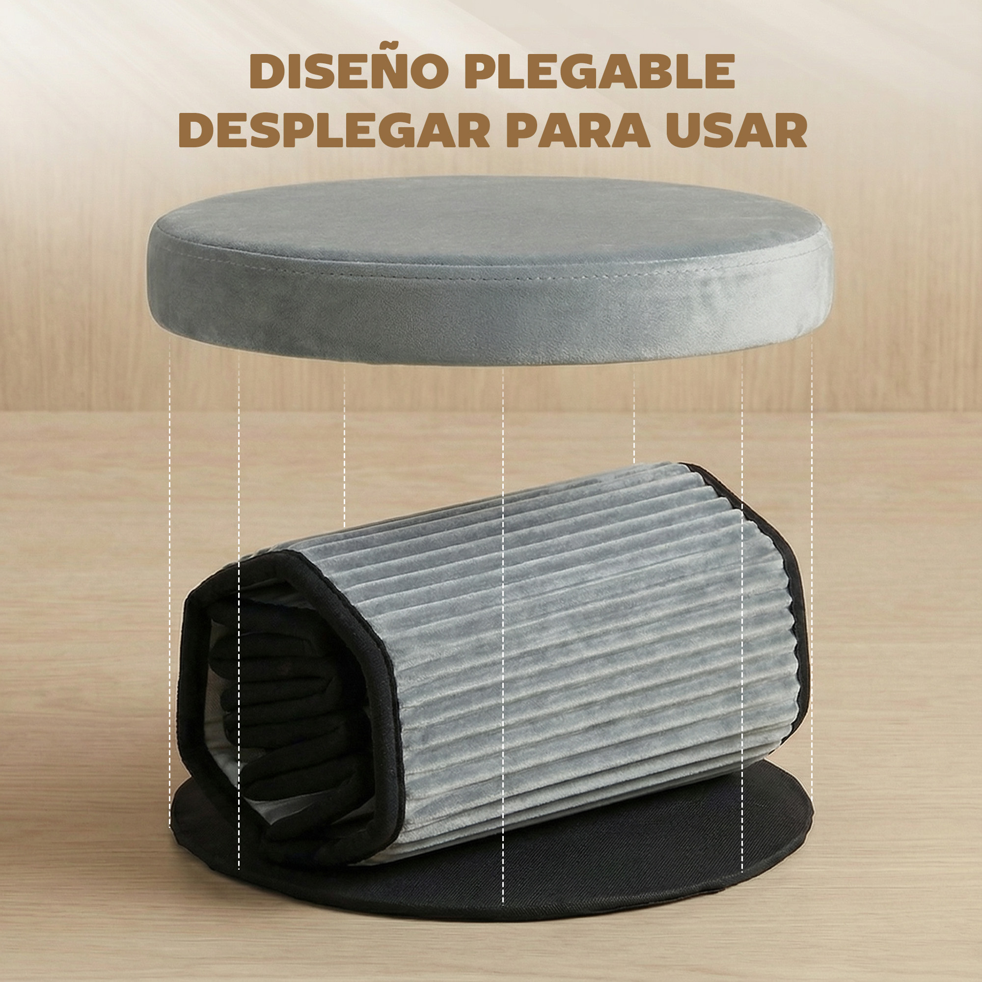 Taburete plegable gris, enrollado para guardarlo.