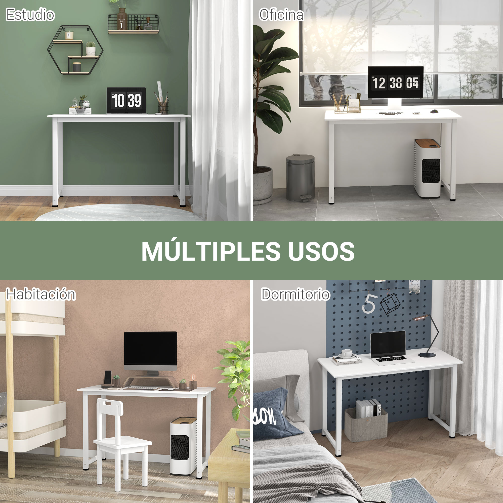 Cuatro escenas muestran escritorios blancos en diferentes entornos: estudio, oficina, dormitorio y habitación.