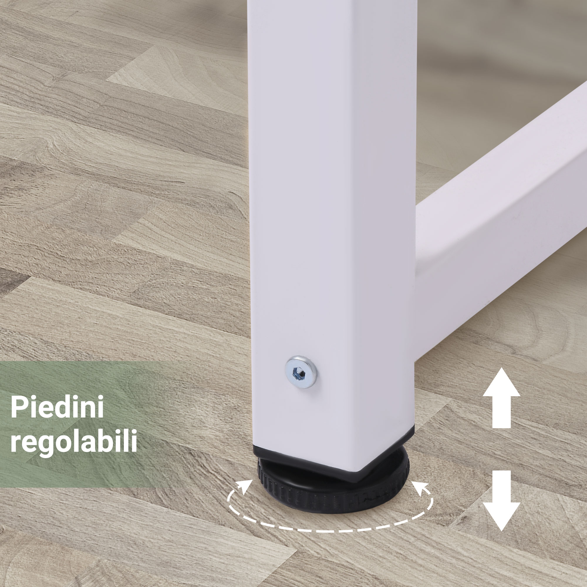 Primer plano de pata de mesa blanca con pie ajustable sobre suelo de madera.