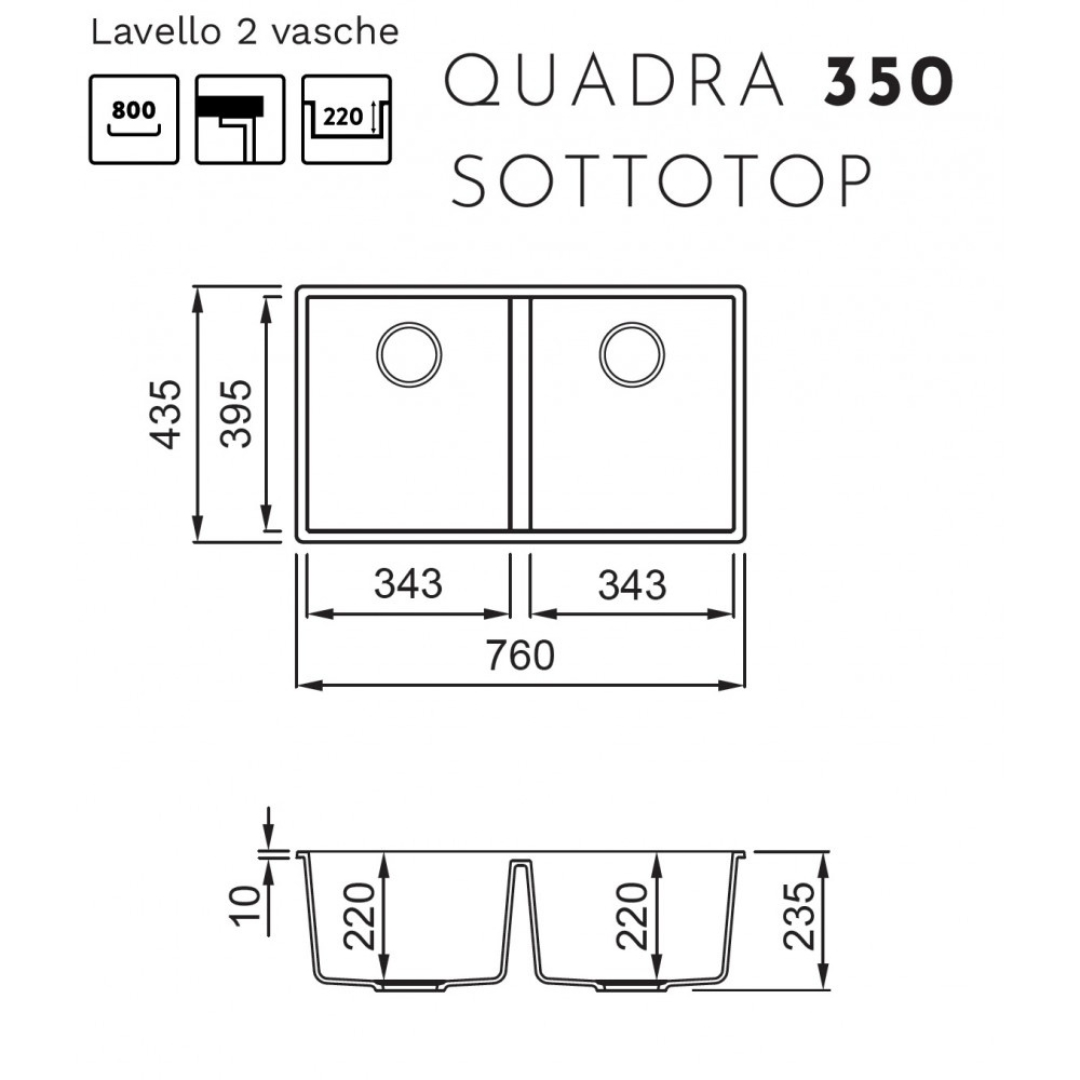 Disegno tecnico di un lavello a due vasche con dimensioni in mm.