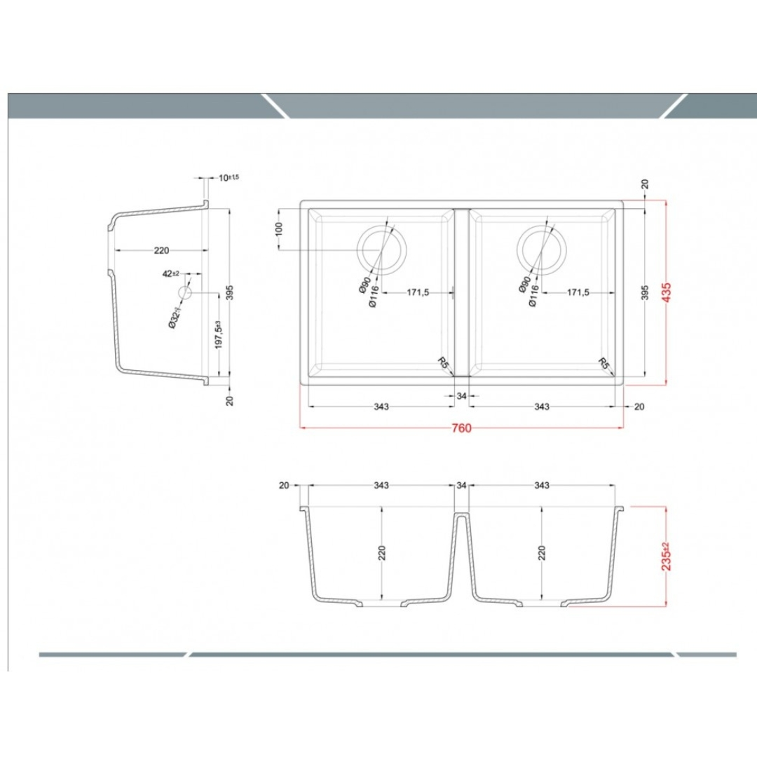 Disegno tecnico di un lavello doppio con dimensioni in mm.