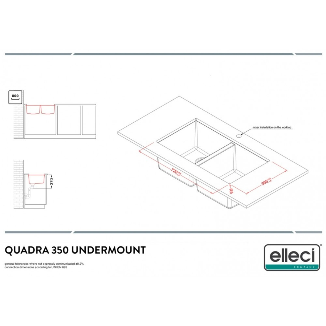 Disegno tecnico di un lavello a due vasche con dimensioni.