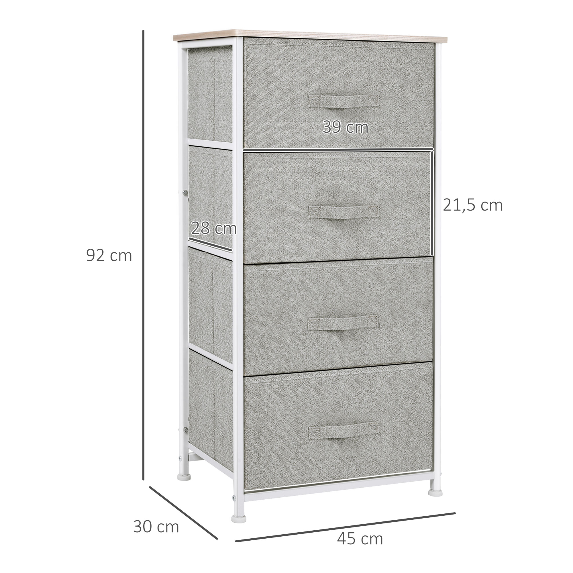 Cómoda de tela gris con 4 cajones, marco de metal blanco y tapa de madera.