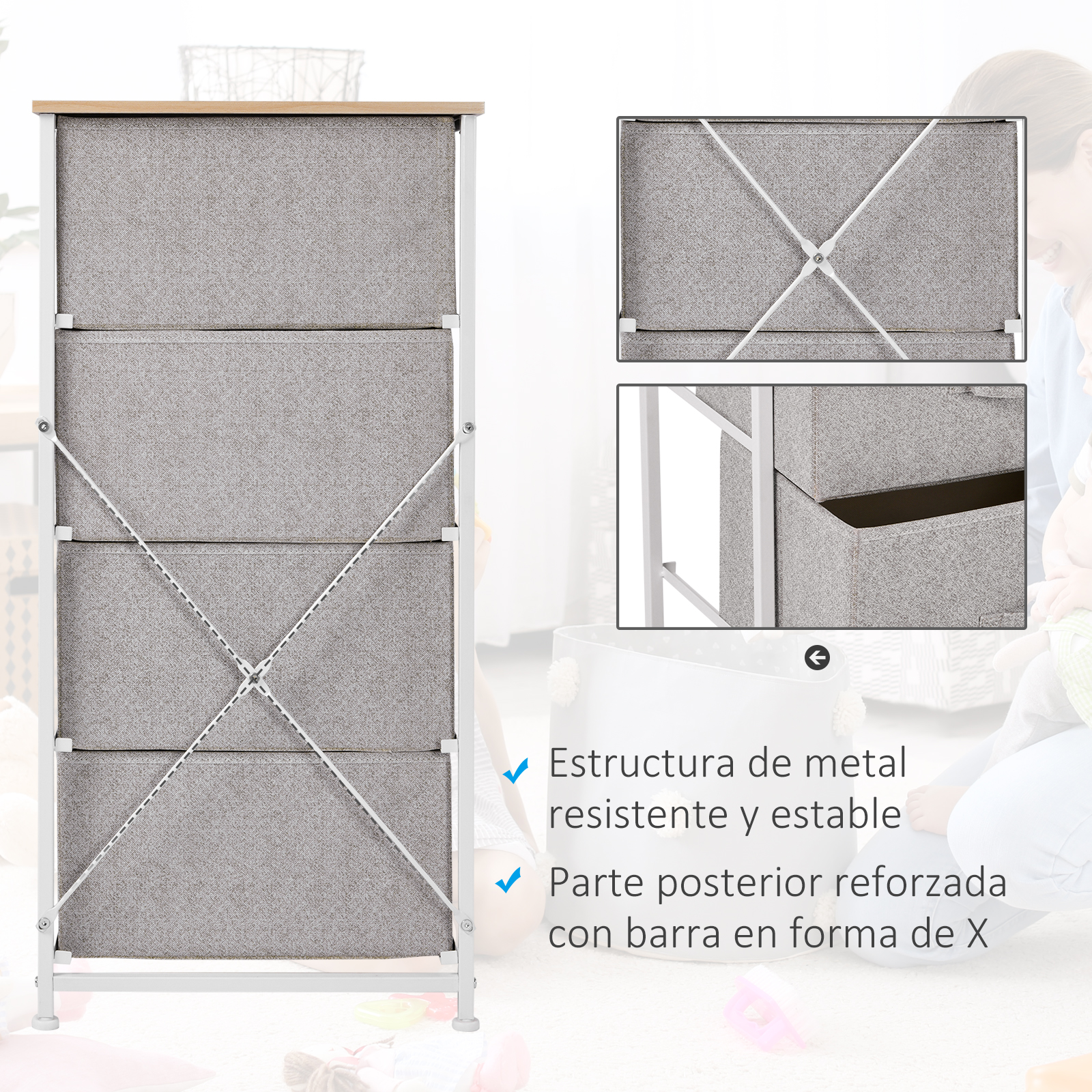 Un mueble de tela gris con tapa de madera y marco metálico.